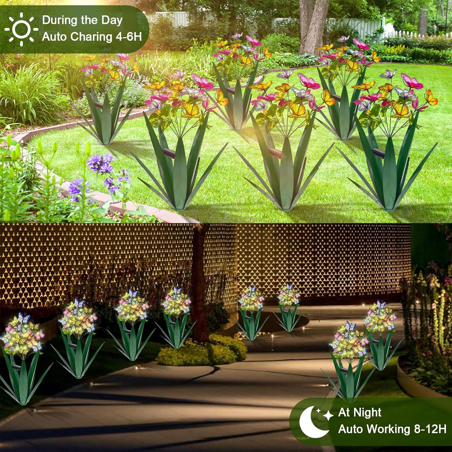 Solar Metal Agave Butterfly Flower Stick Garden Sculpture Swaying Butterfly Garden Light Solar Outdoor (3 PCS Green)