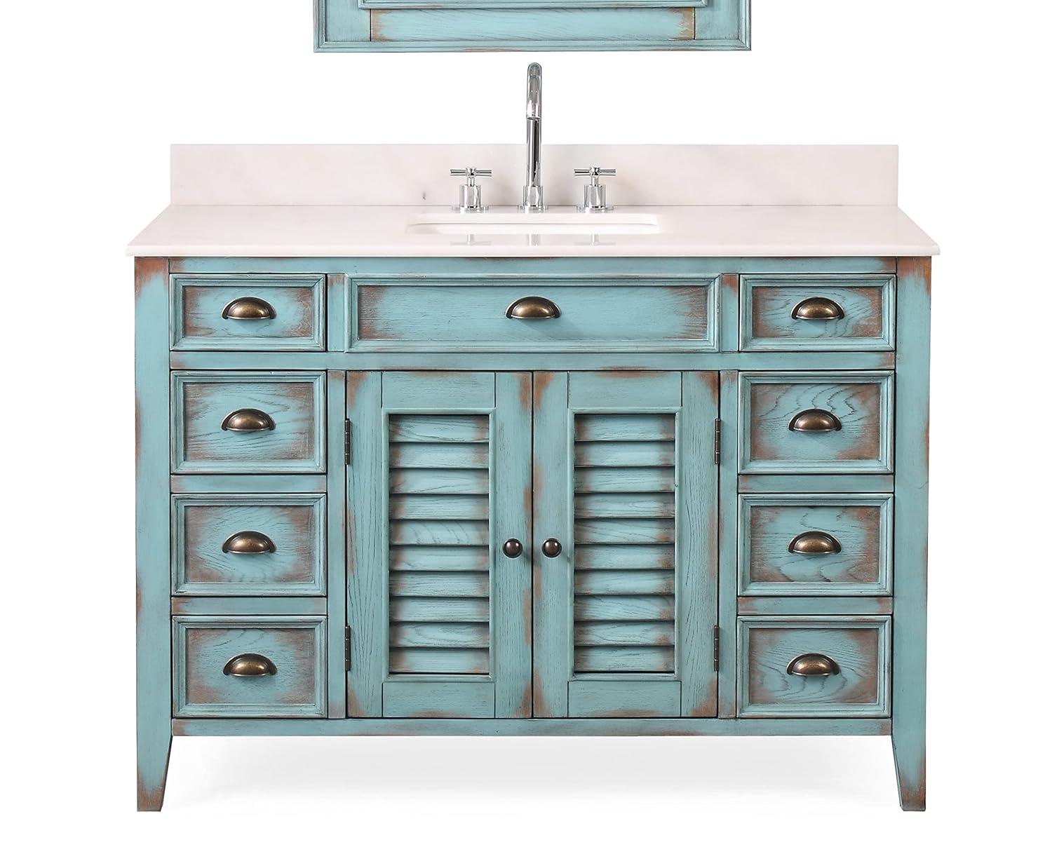 46 Inch Abbeville Distressed Blue Finish Cottage Plantation Style Bathroom Vanity with White Marble Stone Top, 4 Functional Drawers, Undermount Sink, Hardware Included