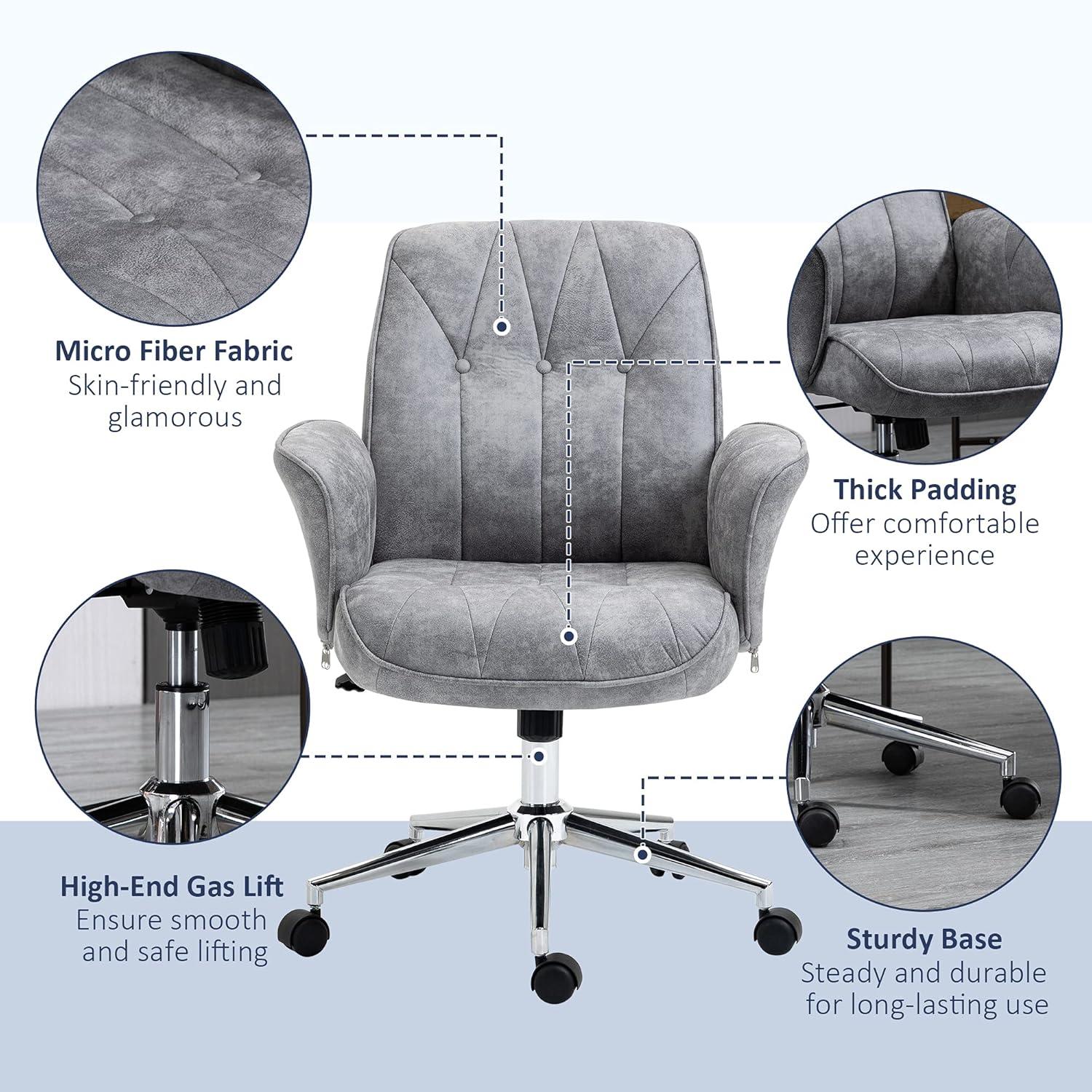 Zazesaby Microfiber Home Office Chair, Height Adjustable Button Tufted Computer Desk Chair with Swivel Wheels, Tilt Function and Padded Armrests, Light Gray