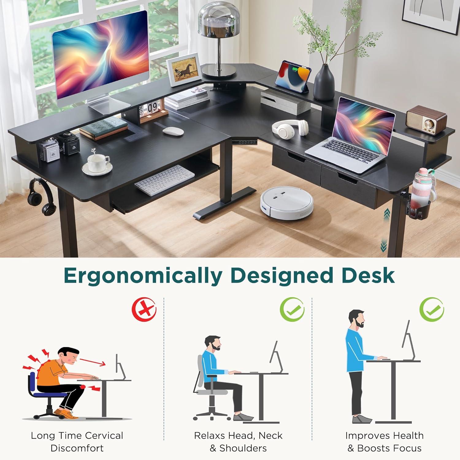 RedLemon 60 Inches L Shaped Electric Standing Desk, Height Adjustable Corner Gaming Desk with Drawers, Power Outlets & LED Lights, Computer Desk with Monitor Shelf, Carbon Fiber Black