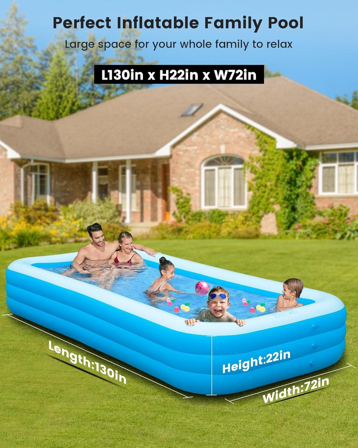 Large Blue Rectangular Inflatable Pool with Pump