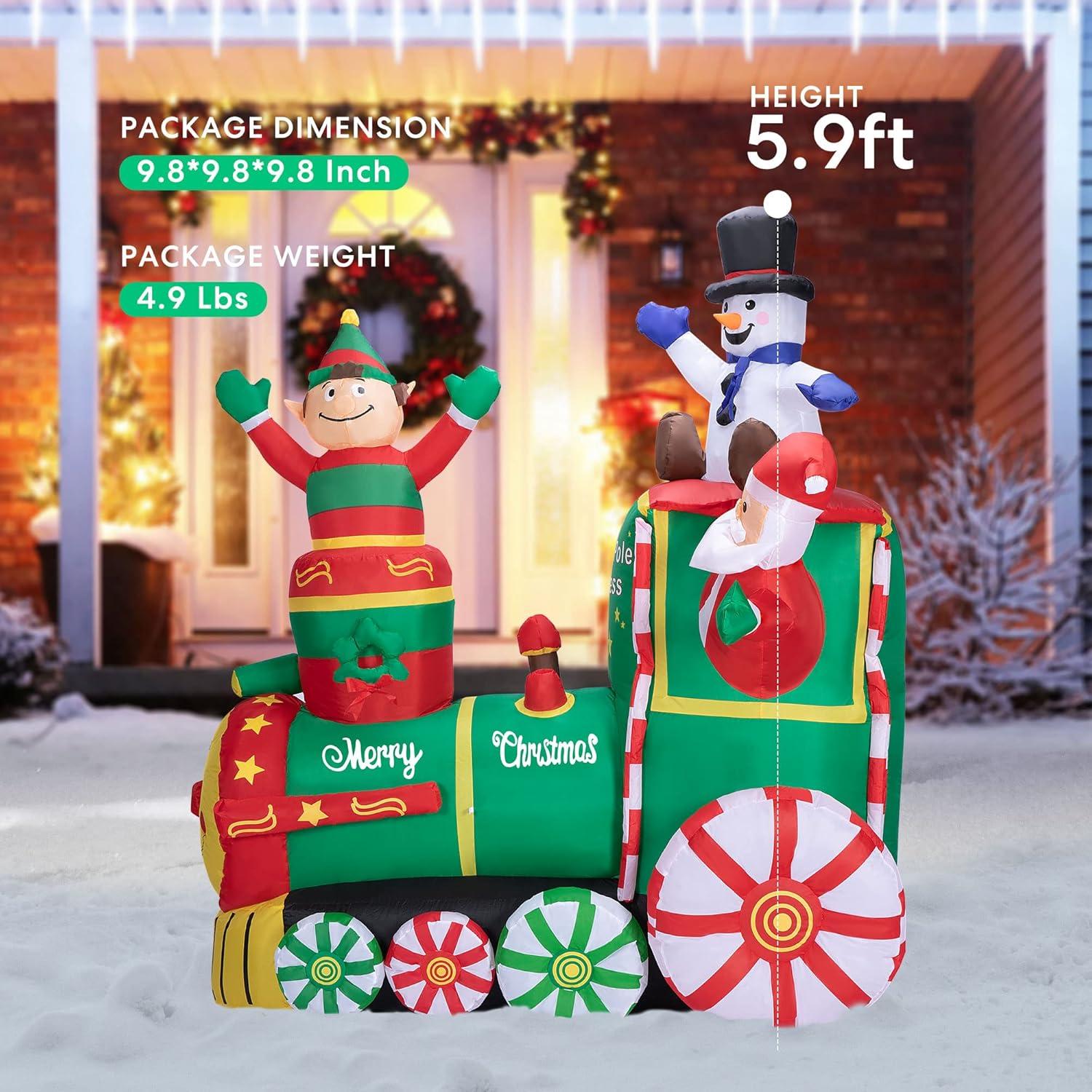 6ft Colorful Inflatable Christmas Train with Santa, Elf, and Snowman