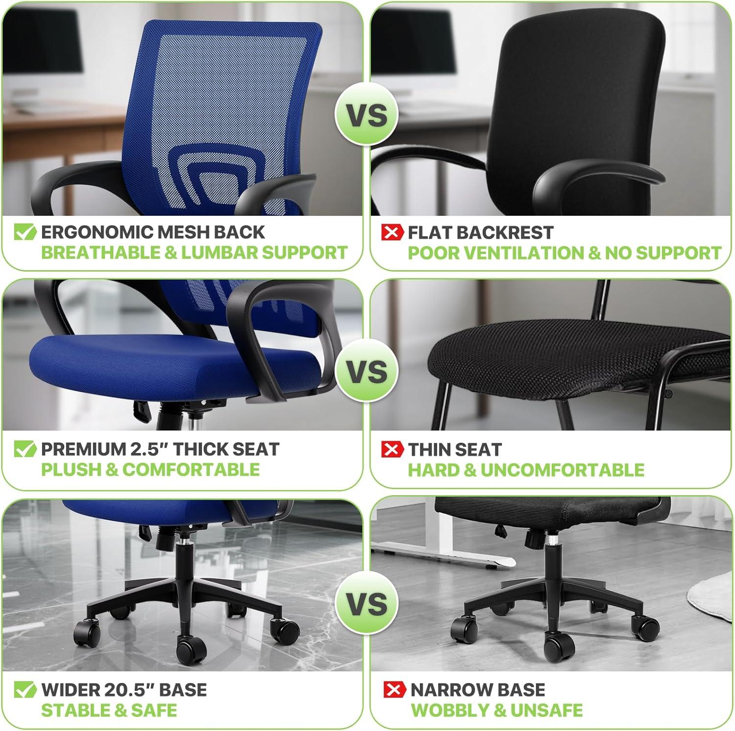 Magshion Set of 2 Office Chairs Mid Back Swivel Desk Chairs, Height Adjustable Ergonomic Mesh Computer Chairs with Armrest & Lumbar Support, Navy Blue