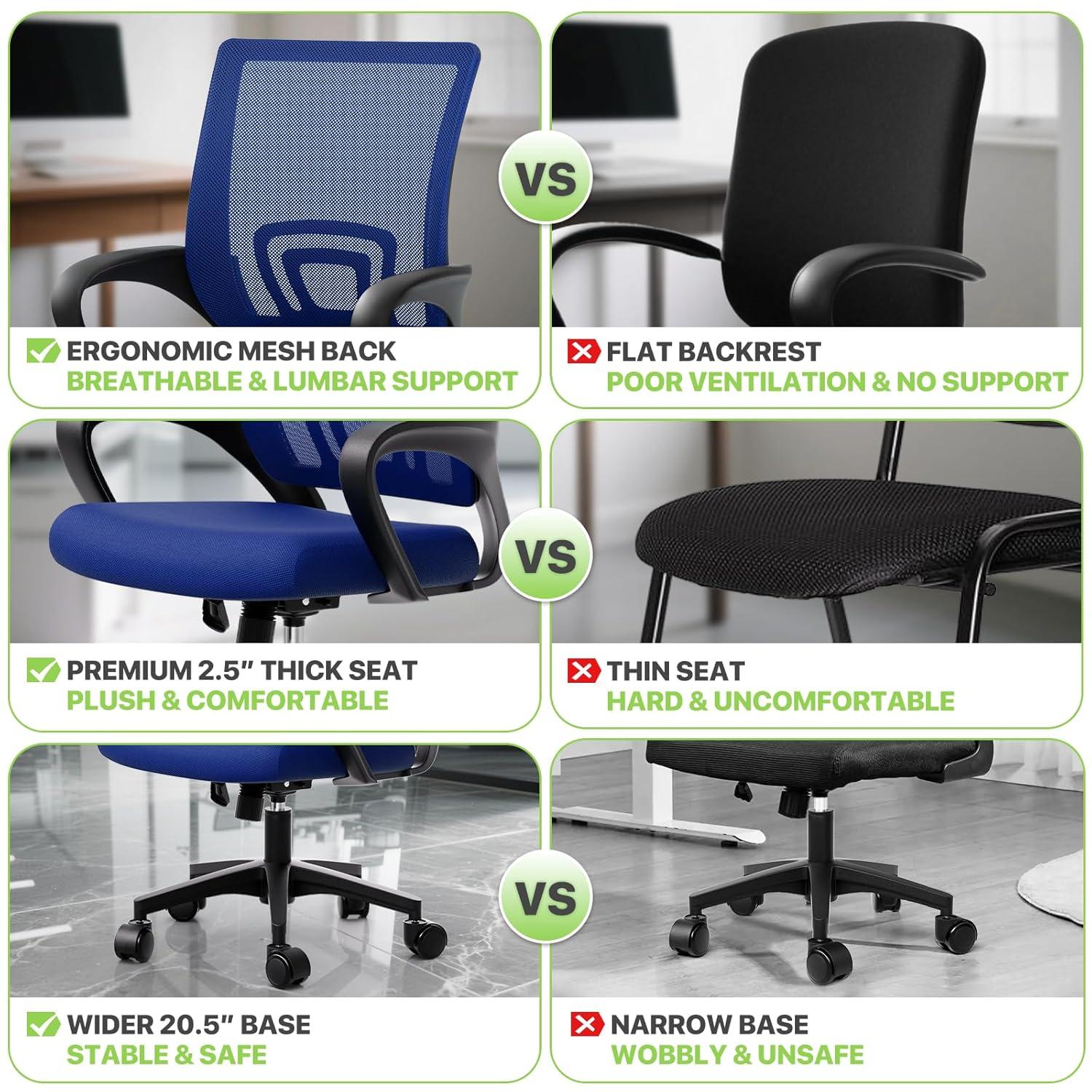 Magshion Set of 2 Office Chairs Mid Back Swivel Desk Chairs, Height Adjustable Ergonomic Mesh Computer Chairs with Armrest & Lumbar Support, Navy Blue