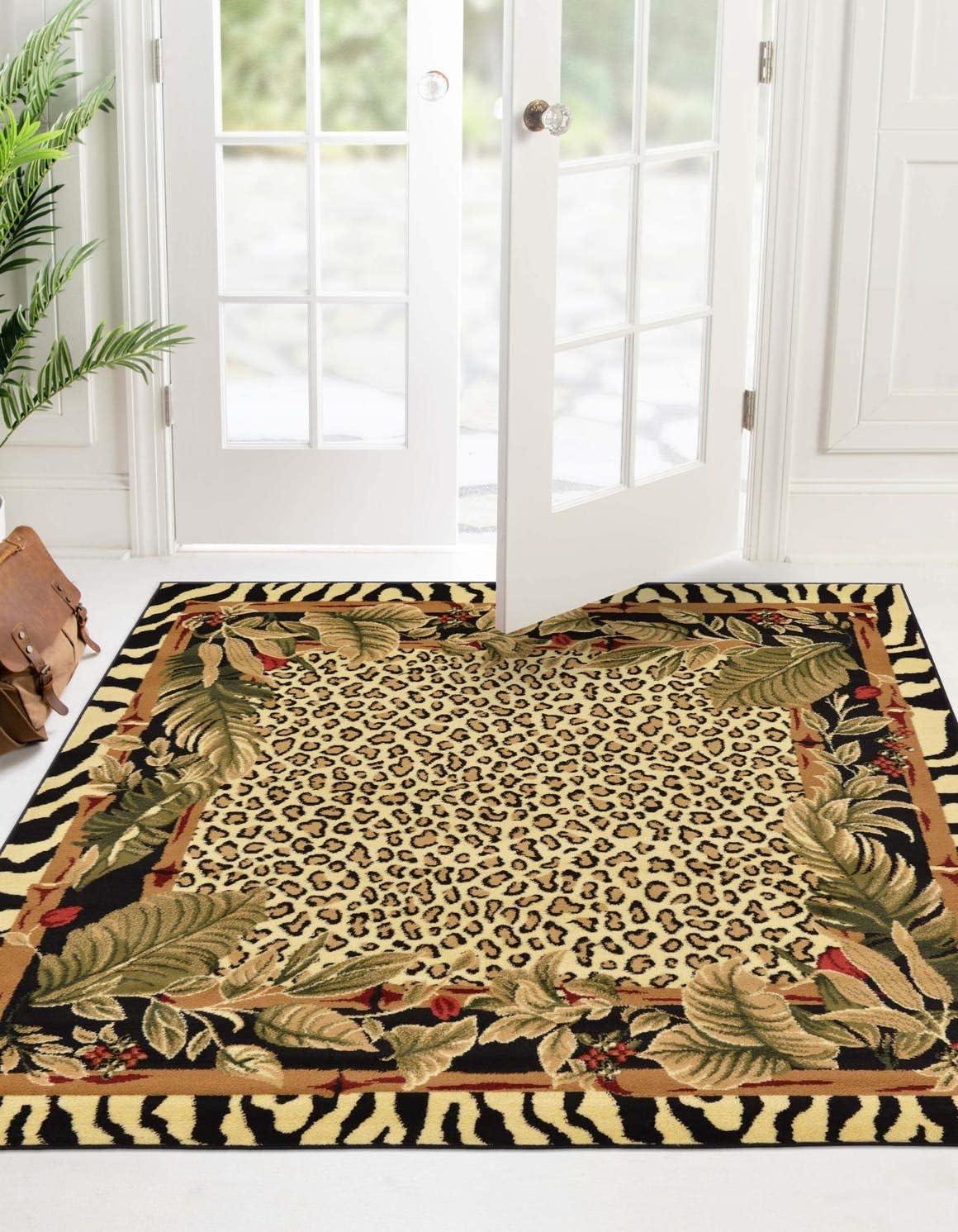 Unique Loom Wildlife Collection Area Rug - Jungle (6' 1" Square Cream/Black)