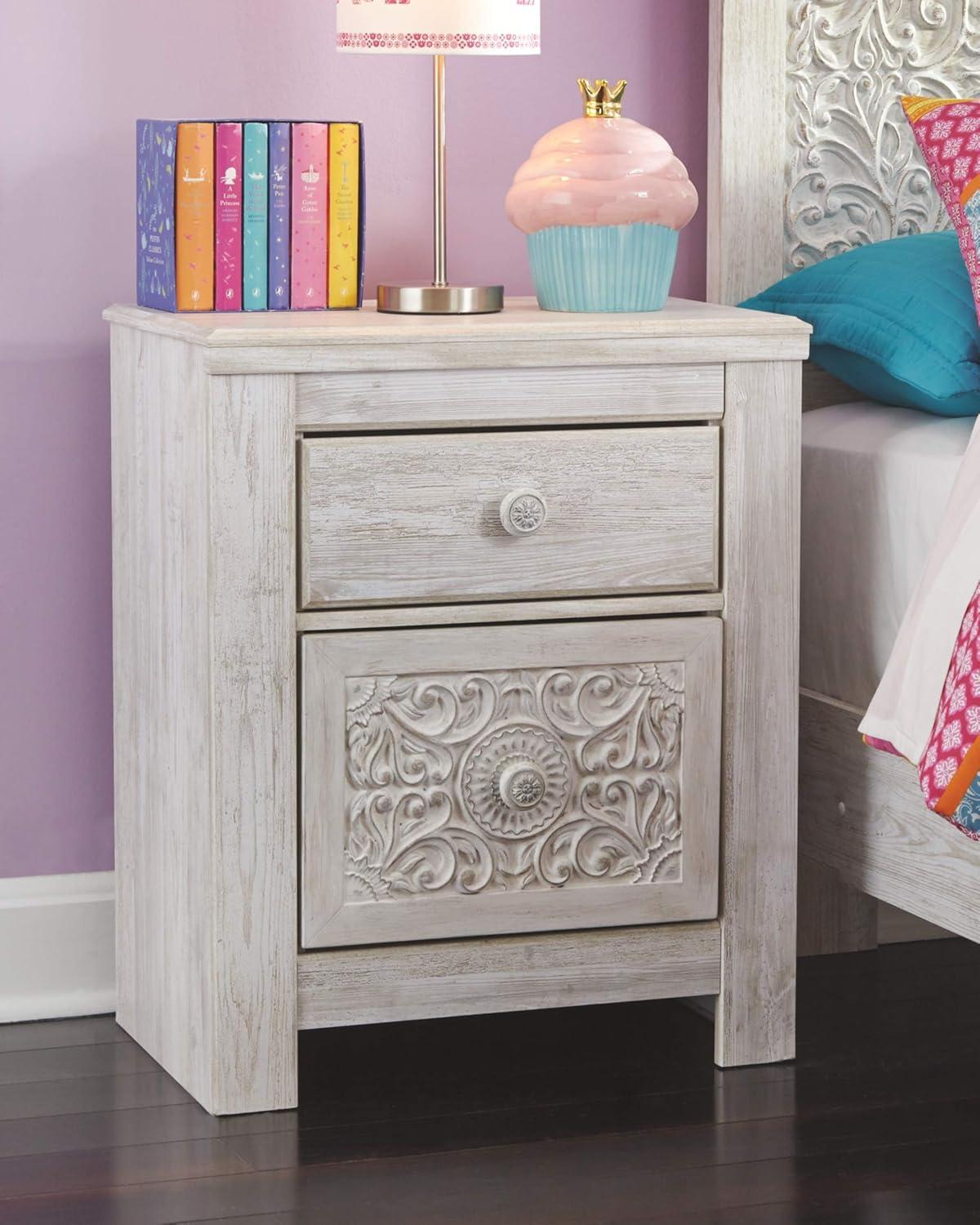 Paxberry Two Drawer Nightstand White Wash - Signature Design by Ashley: Traditional Style, USB Port, Storage Function