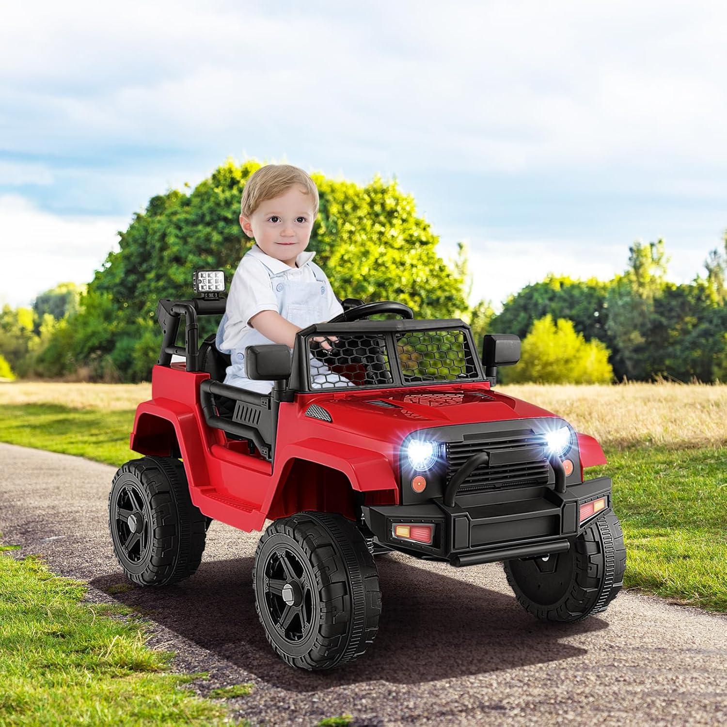 HONEY JOY Ride On Truck, 12V Battery Powered Vehicle Ride On Car with Remote Control, Spring Suspension, Headlights, Music, Mesh Windshield, Electric Cars for Kids, Gift for Boys Girls 3+(Red)