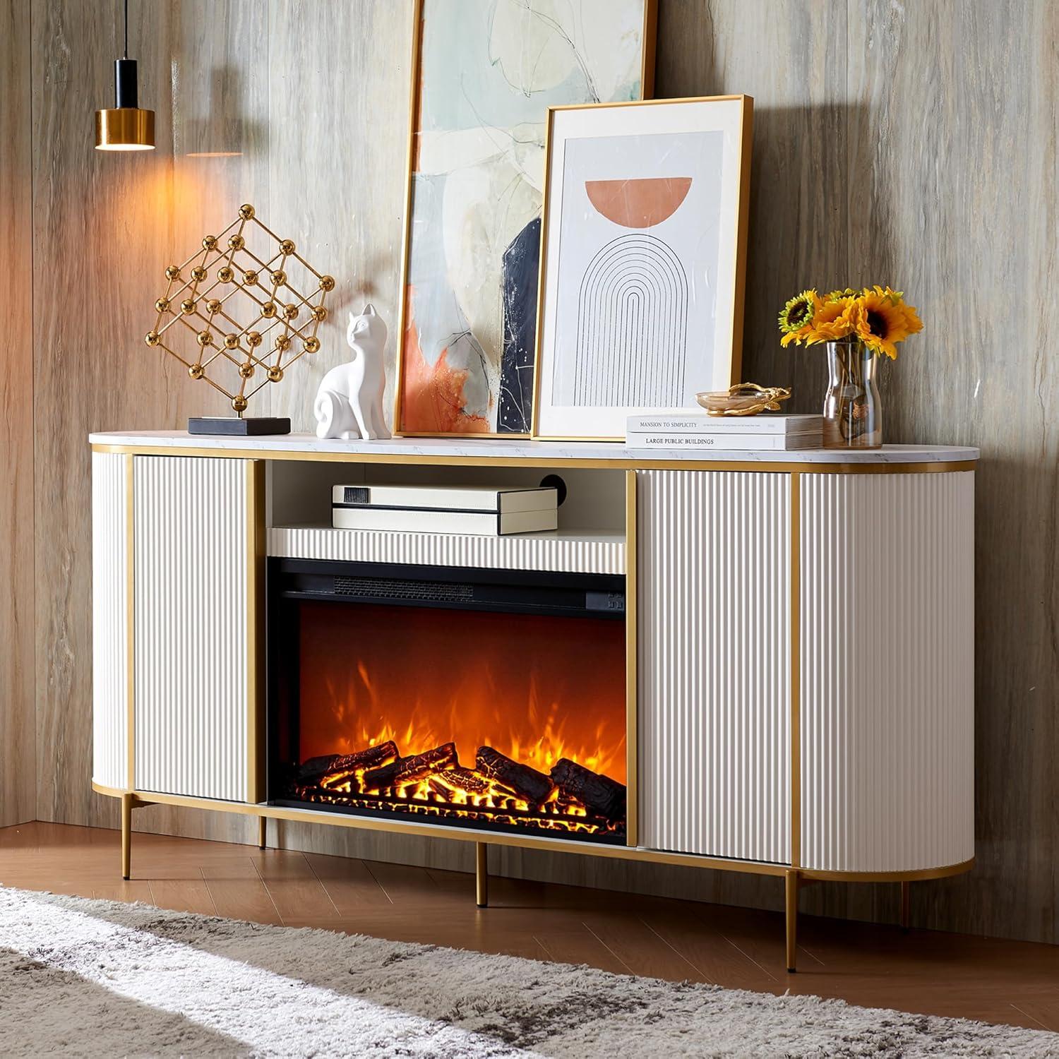 SinCiDo Luxury 70" Fluted TV Stand, Modern TV Console for TVs Up to 80 inches, Faux Marble Top & Curved Design, Off White
