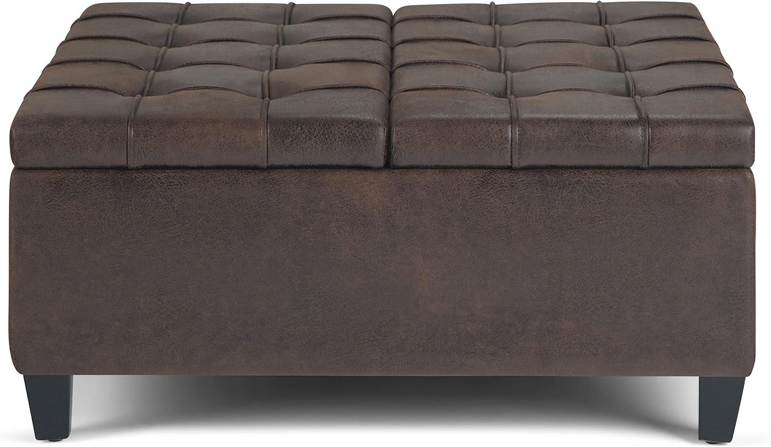 Simpli Home Harrison Coffee Table Storage Ottoman In Distressed Brown Vegan Faux Leather