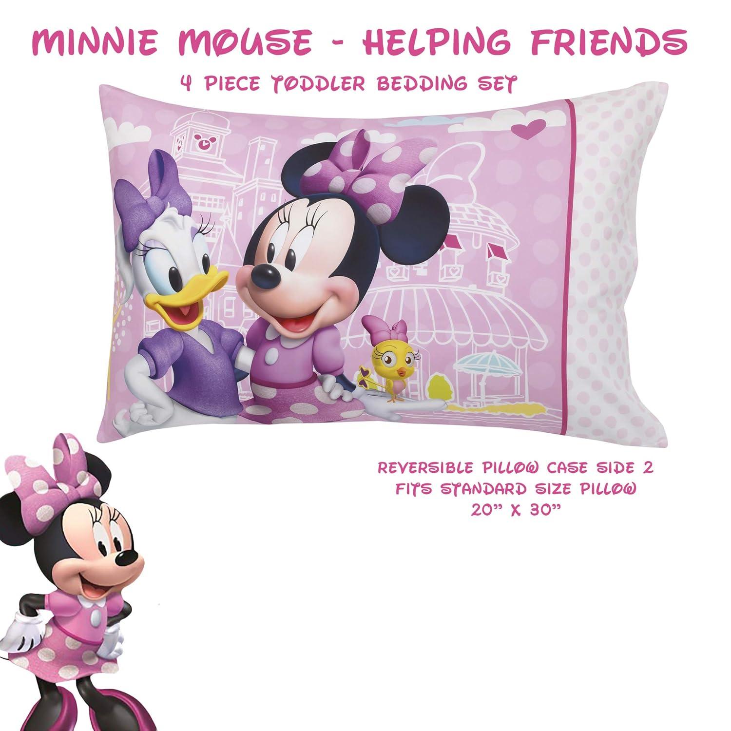 Disney Minnie Mouse 4 Piece Bedding Sets, Toddler Bed with Comforter, Fitted Sheet, Flat Top Sheet, Pillowcase