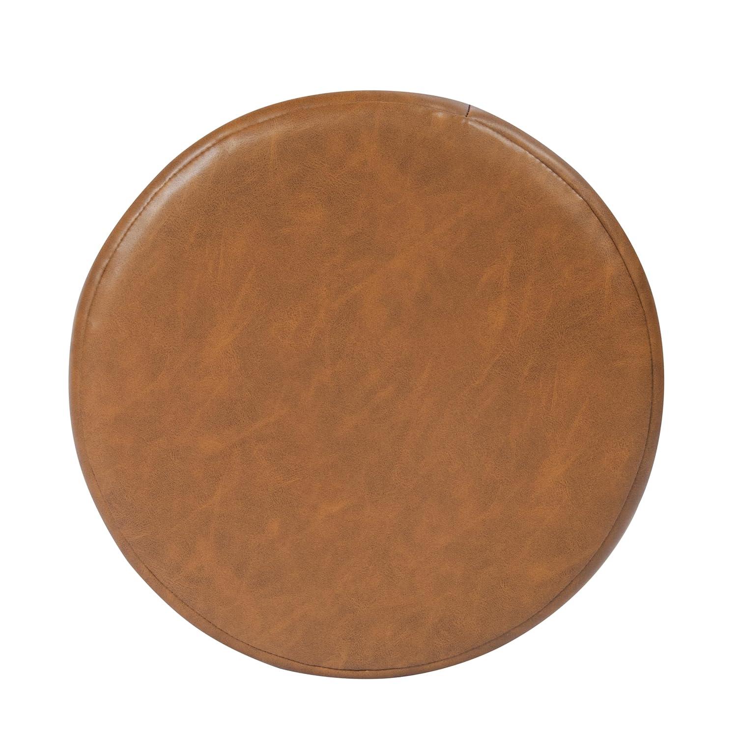 Round Upholstered Ottoman Caramel Faux Leather - HomePop: Channel Tufted, No Assembly Required