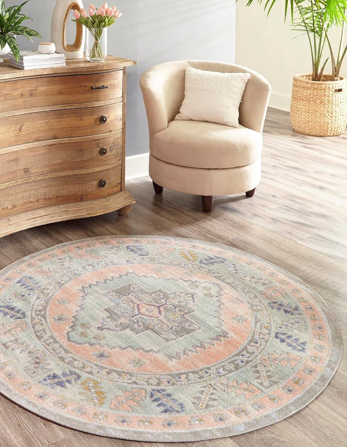 Unique Loom Whitney Collection Area Rug - Geneva (5' 3" Round Pink/Blue)