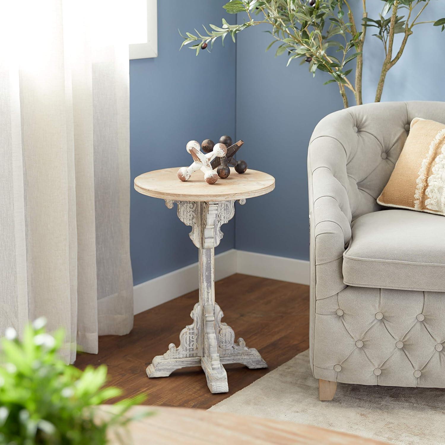 Gray Intricately Carved Scroll Round Wood Accent Table - 15" x 23"