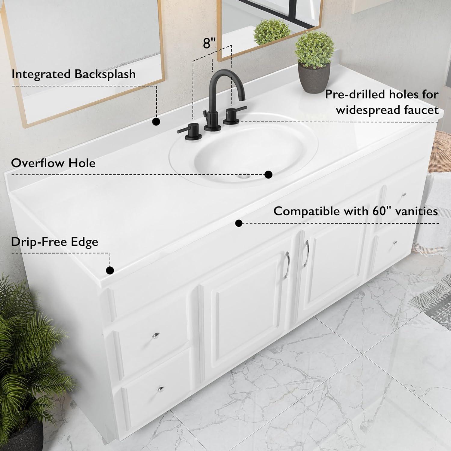 61 Inch Cultured Marble Vanity Top with Backsplash, Improved Package, White