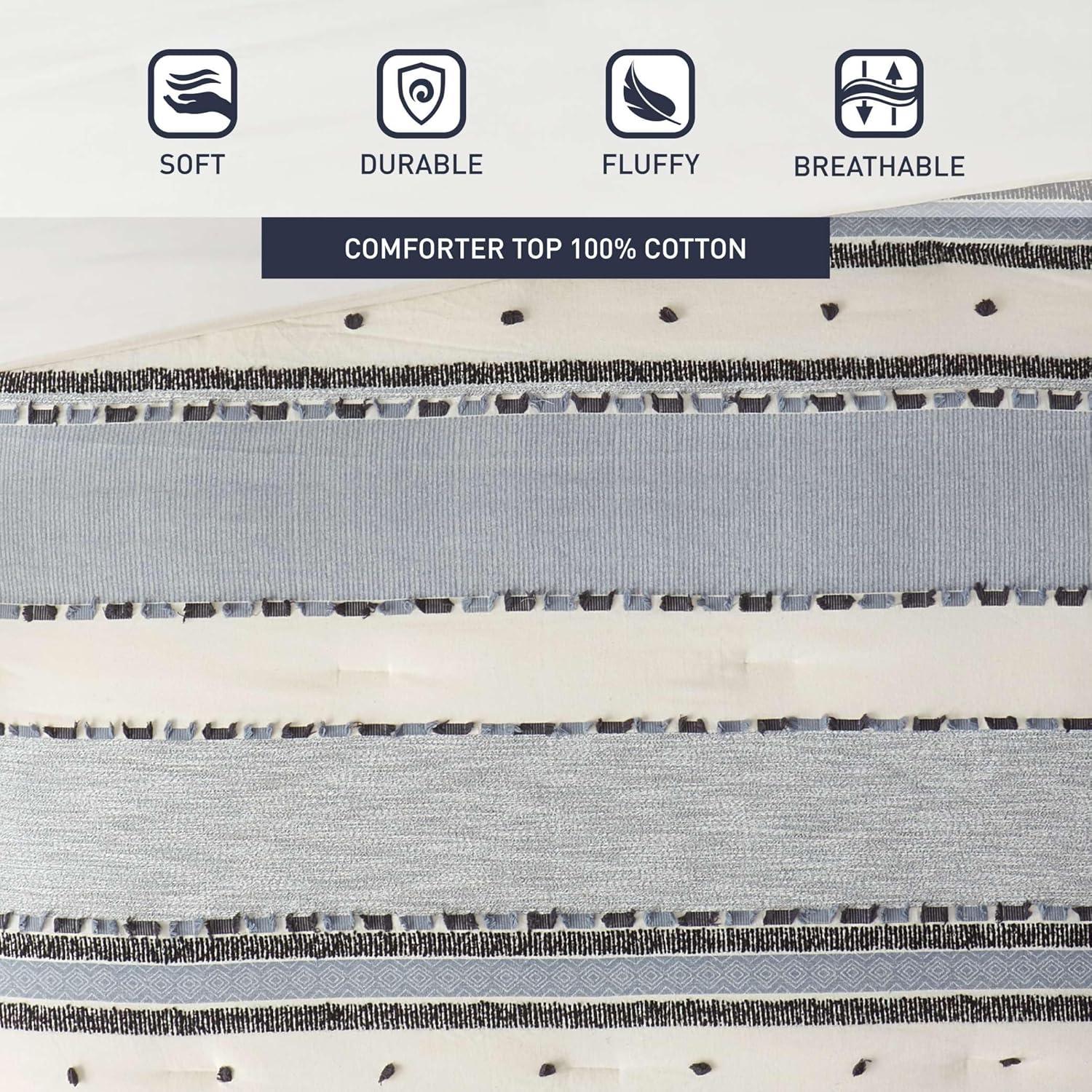 Hyde Lane Boho Blue King Comforter Set ，Modern Farmhouse Tufted Bedding Sets, Cotton Top with Neutral Rustic Style Clipped Jacquard Stripes, 3-Pieces Including Matching Pillow Shams (104x90 Inches)