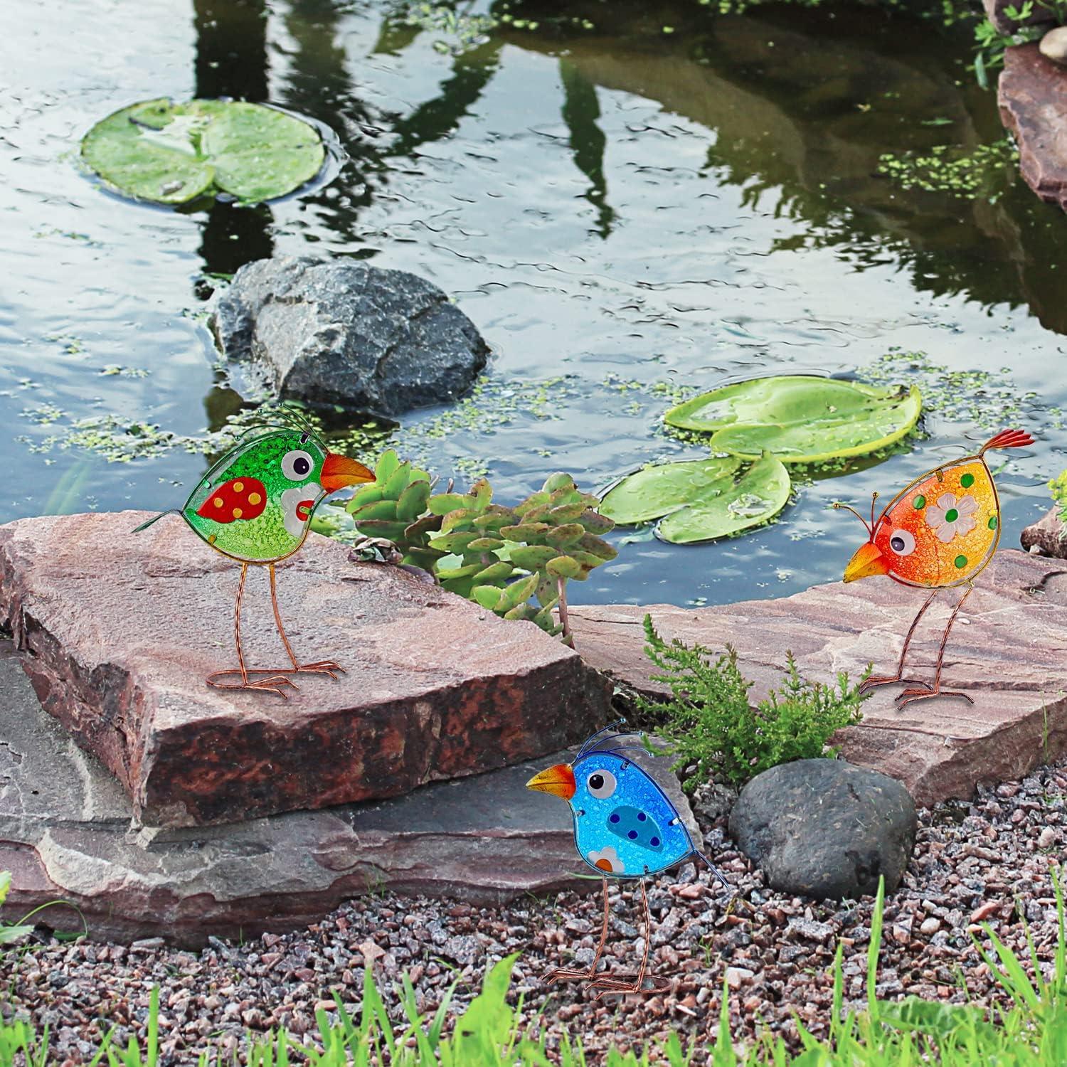 Handmade Colorful Glass and Iron Bird Statues Set