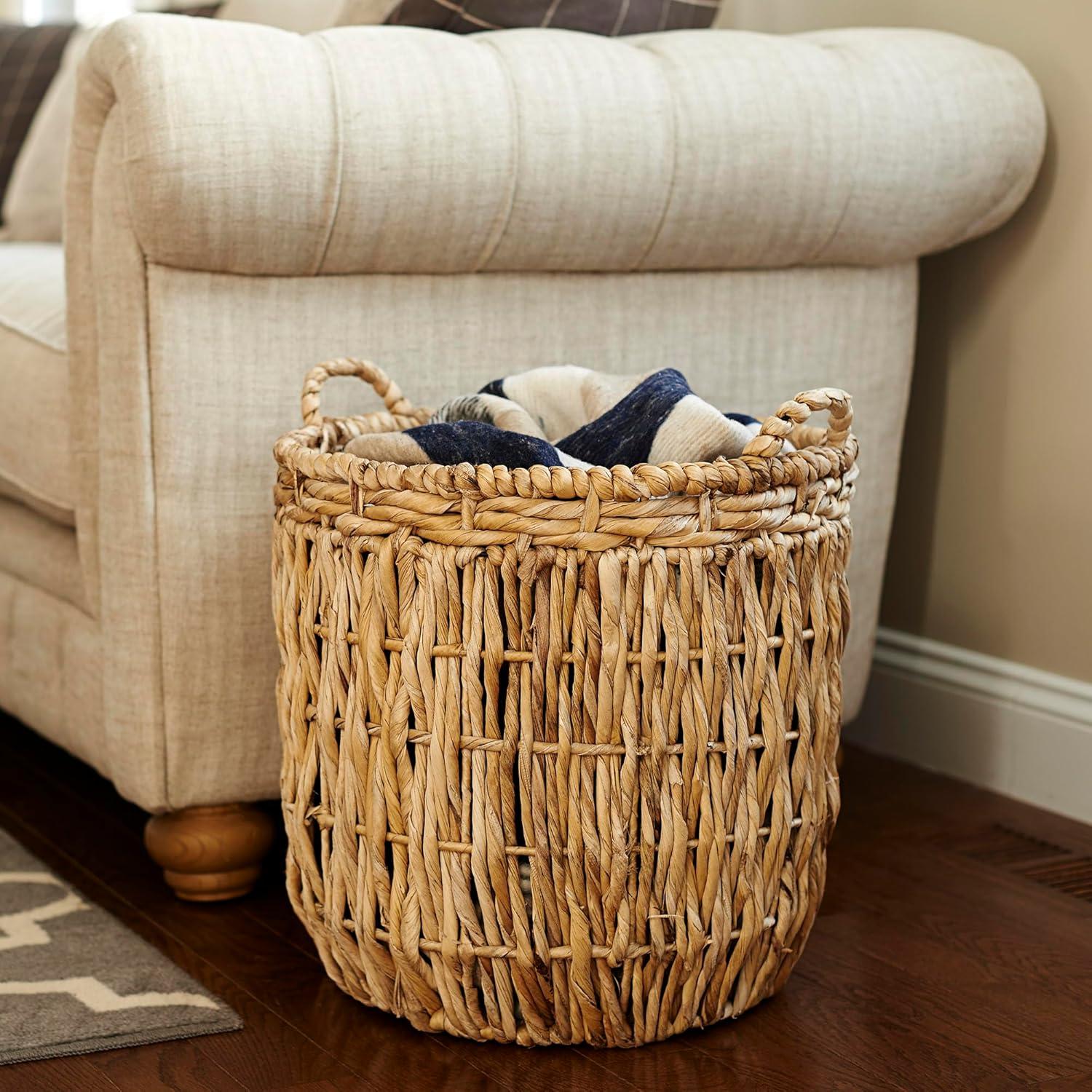 Household Essentials Tall Wicker Floor Basket, Woven Decorative Basket with Handles, Handmade, Great for Laundry and Storage, Natural