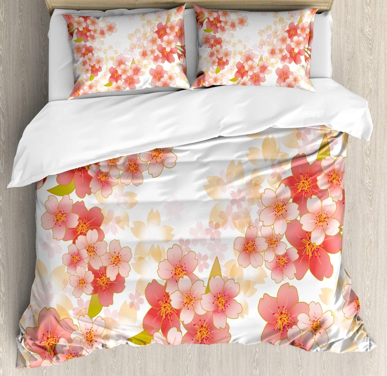 King Coral and Yellow Floral Microfiber Duvet Cover Set