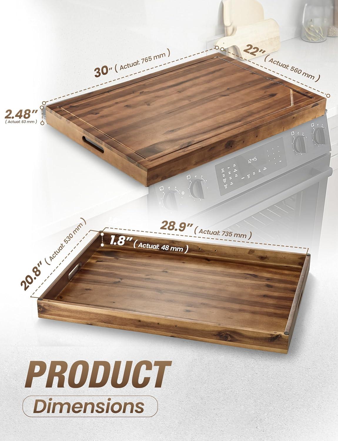 Acacia Wood Stove Top Cover with Metal Handles