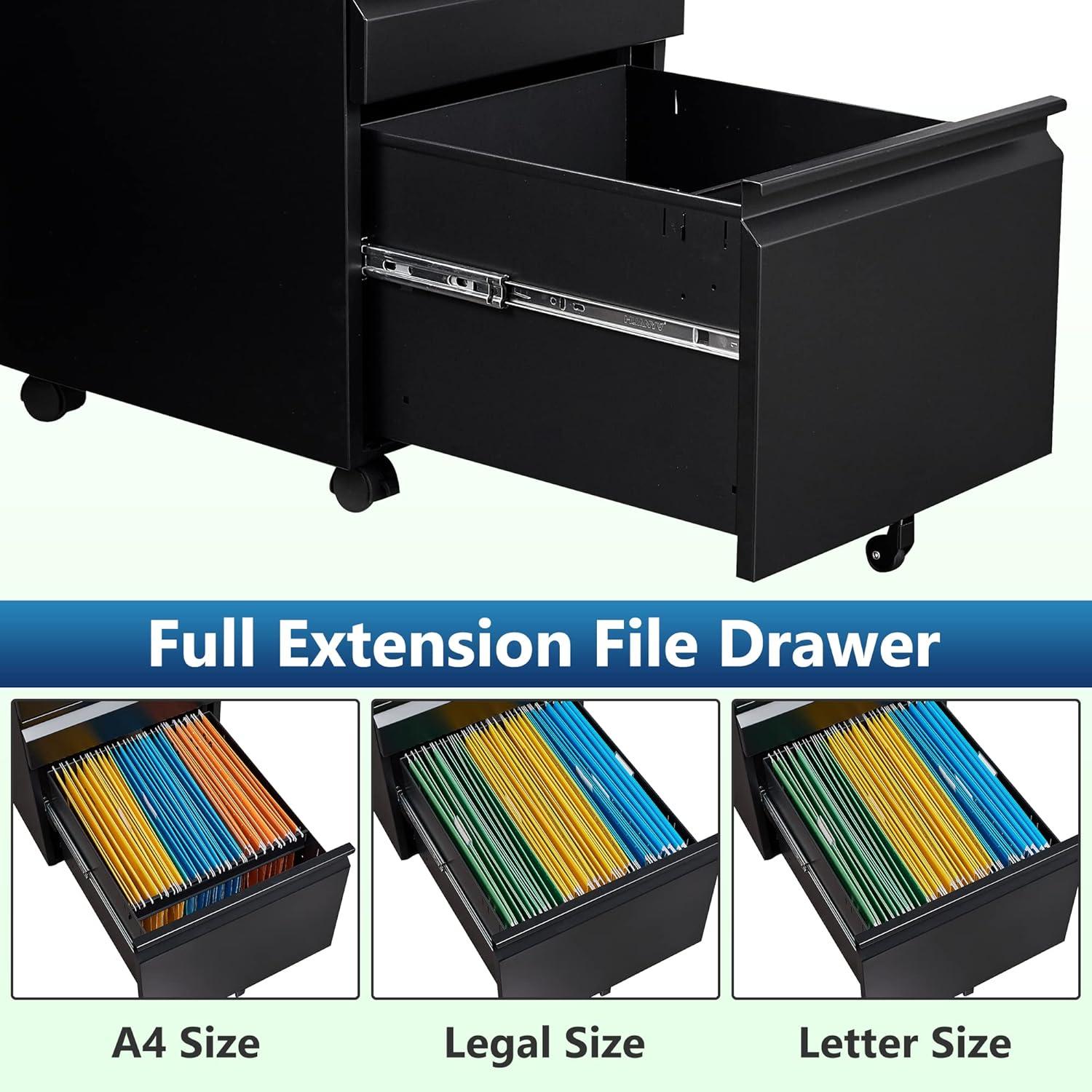 3 Drawer File Cabinet with Wheels, Metal Filing Cabinet with Lock, Office Rolling File Cabinets for A4/Legal/Letter Size, Assembly Required, Black