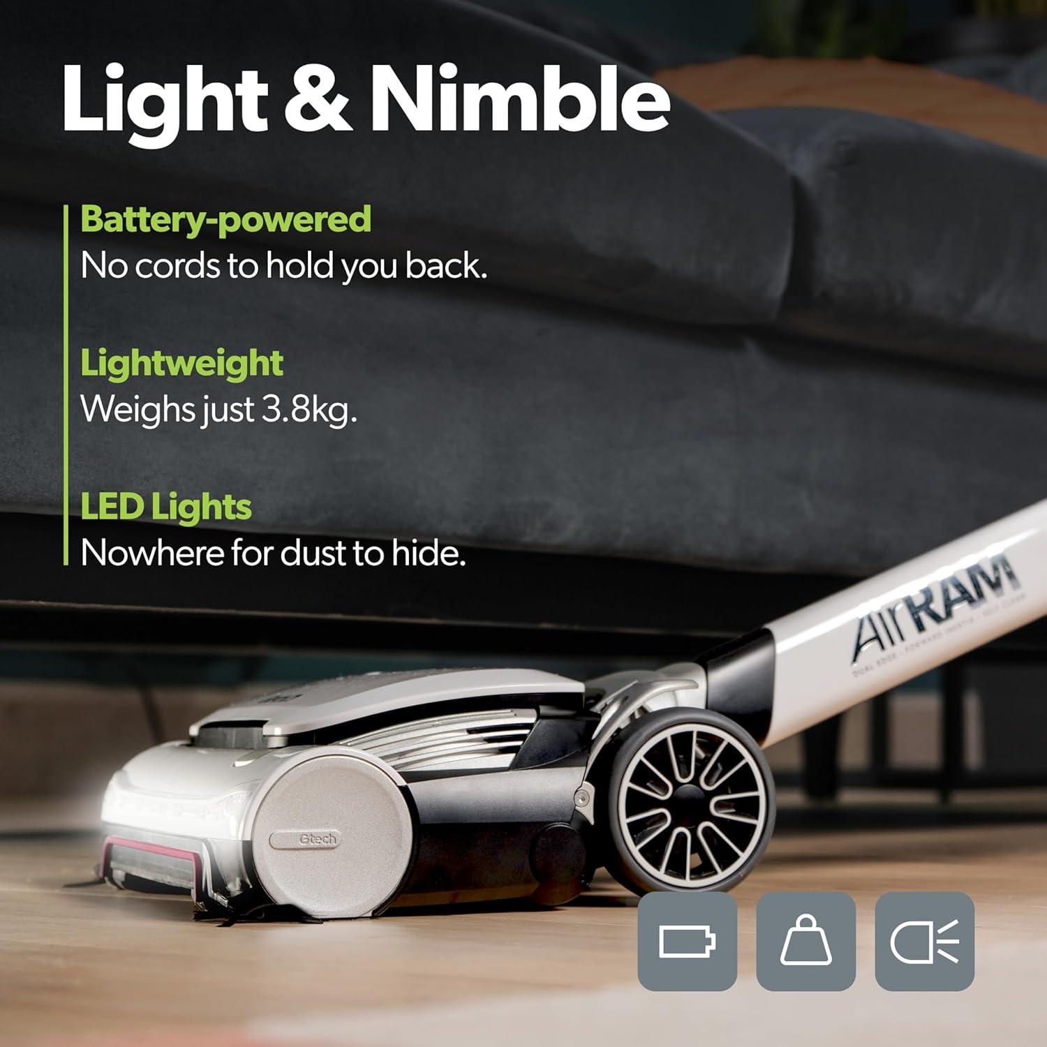 Gtech AirRAM 3 Cordless Vacuum Cleaner with Anti-Hair Wrap Bar - Dual Edge-Clean Brushes - Perfect for Carpet and Hardwood Floors - Rechargeable 22v Li-ion Battery - Lightweight - New Model