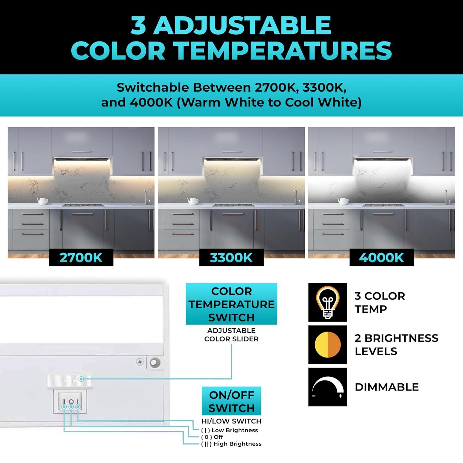 LED Under Cabinet Lighting Hardwired - Linkable Undercabinet Lights for Kitchen - 3CCT 9 Inch White Finish - Undercounter Dimmable Plug in Light or Hard Wired - Under Counter Fixture Direct Wire