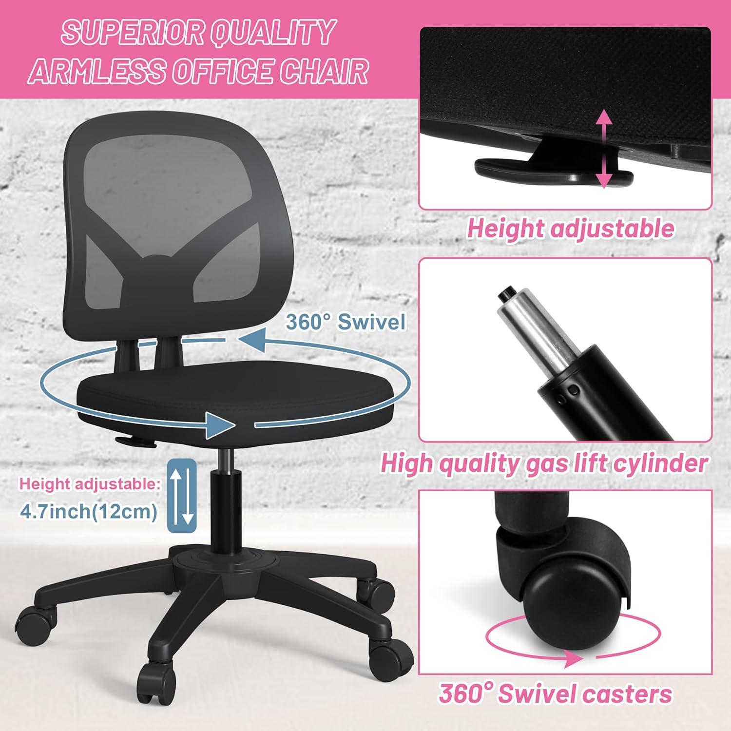 Mesh Office Chair Ergonomic Small Desk Chair No Arms Black Swivel Computer Chair with Wheels Task Chair for Small Spaces Mid Back Home Office Chair for Adults and Kids