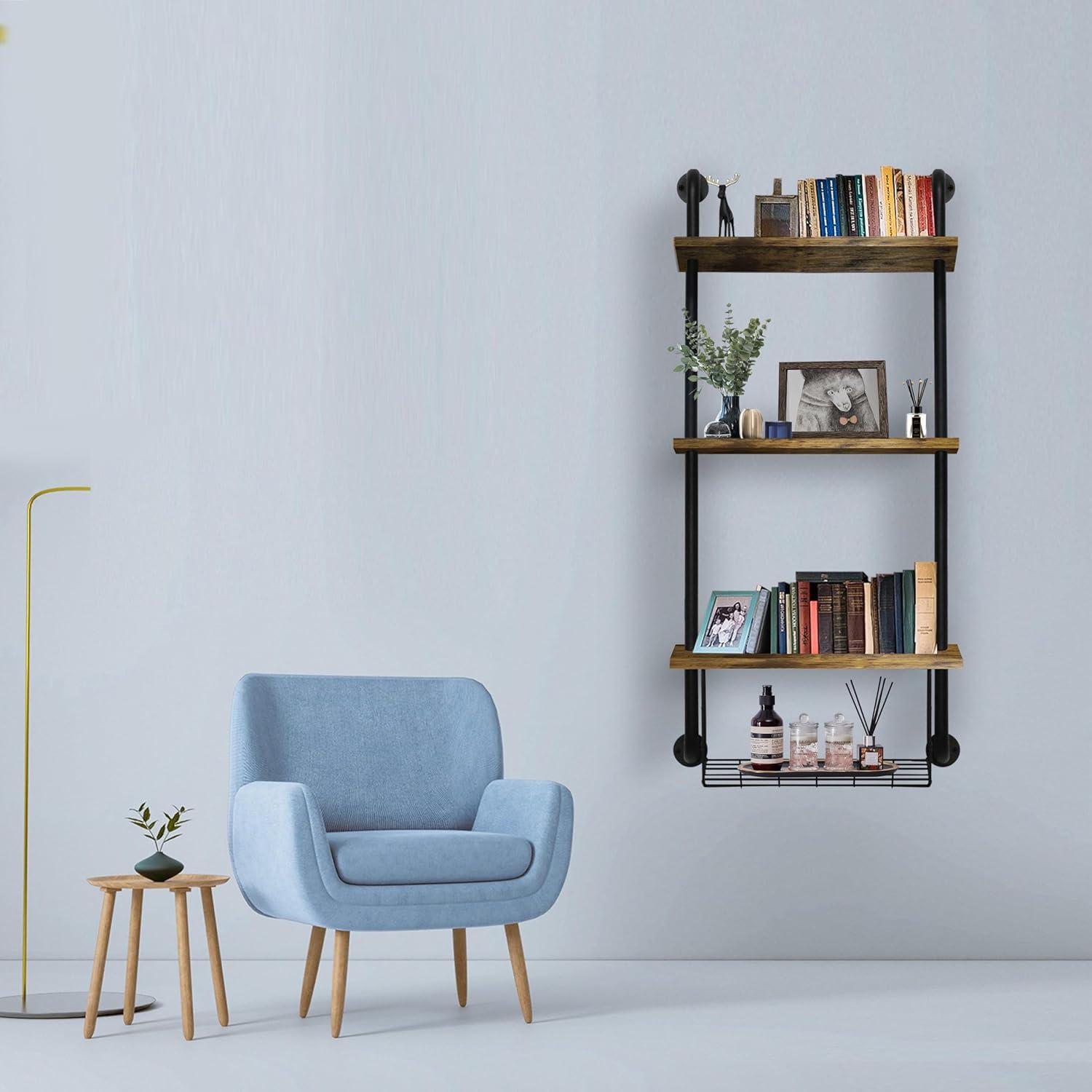 3-Tier Wall Mounted Floating Shelves with Basket, Easy Assemble Industrial Pipe Shelving, Anti-Rust for Bathroom, Kitchen, Bedroom - 44.5 * 16.9 inch