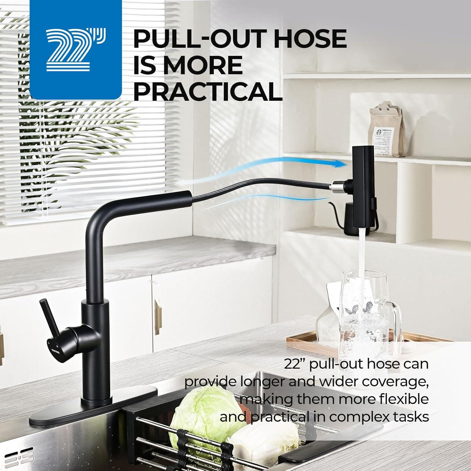 Kitchen Faucet, Waterfall Kitchen Faucet with Pull Down Sprayer, 3 Modes Sprayer Kitchen Sink Faucet Single Lever Handle Faucet for Kitchen Sink, Matte Black