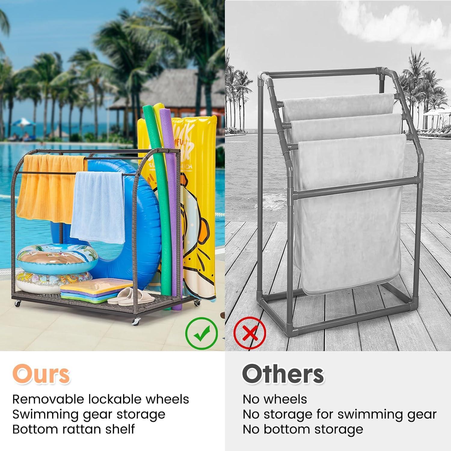 Outdoor Rattan 5-Bar Poolside Towel Rack with Storage