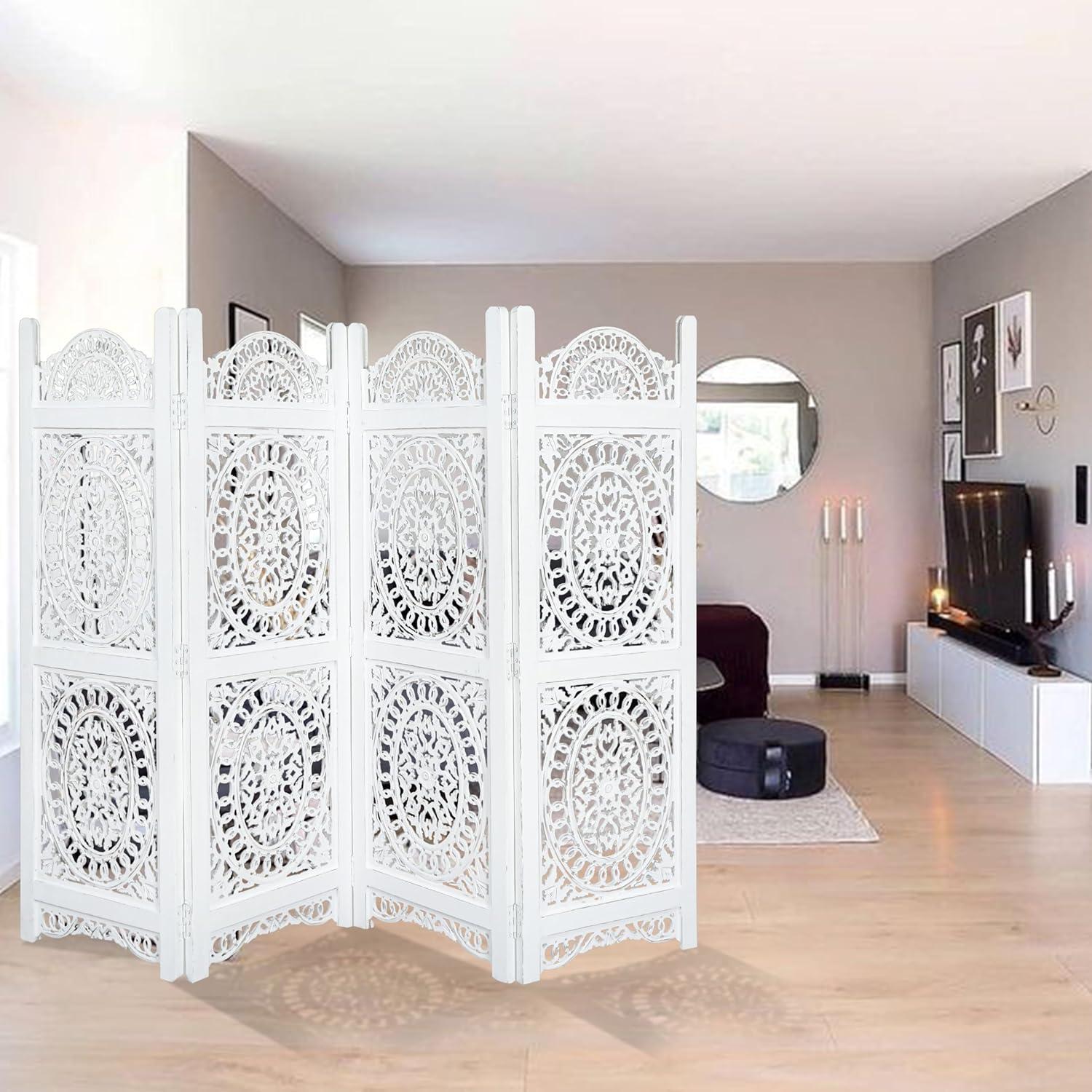Canora Grey Light & Pro Wood Heart Design Handmade Hinged Foldable Partition 4 Panel Room Divider Screen With Intricately Carved Designs, Pre Assembled - Ready To Use - 48" X 64"