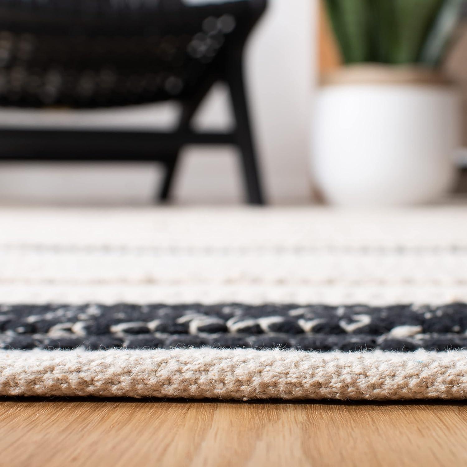 Ivory and Black Striped Square Wool Cotton Rug