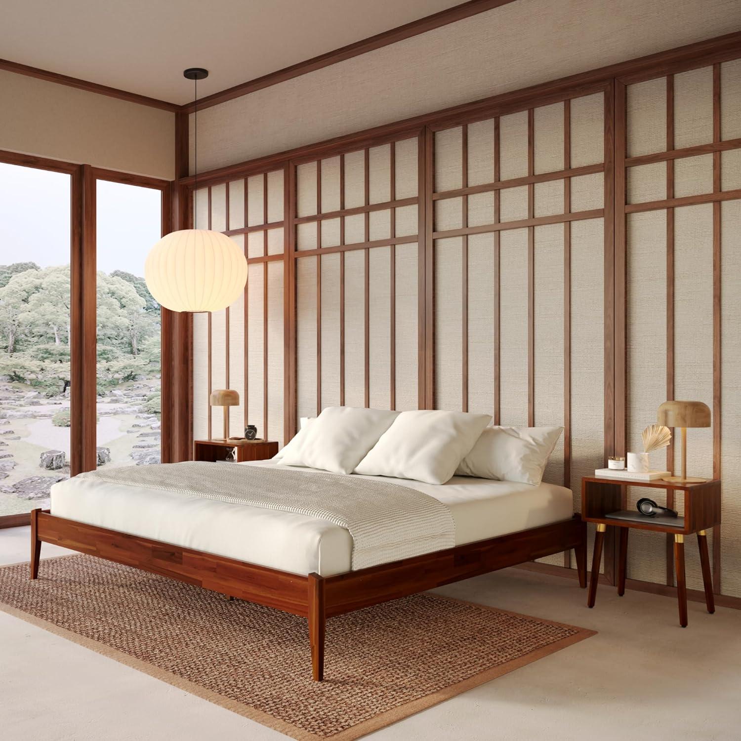 King Size Polished Pine Wood Platform Bed Frame with Headboard
