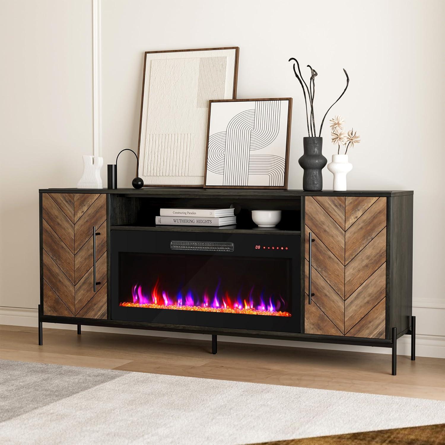 SHAORONG 68" TV Stand with 36" Electric Fireplace Heater, Entertainment Center with Storage Cabinet, Console Table for TVs up to 75" for Living Room, Bedroom - Harper (Black Ebony)
