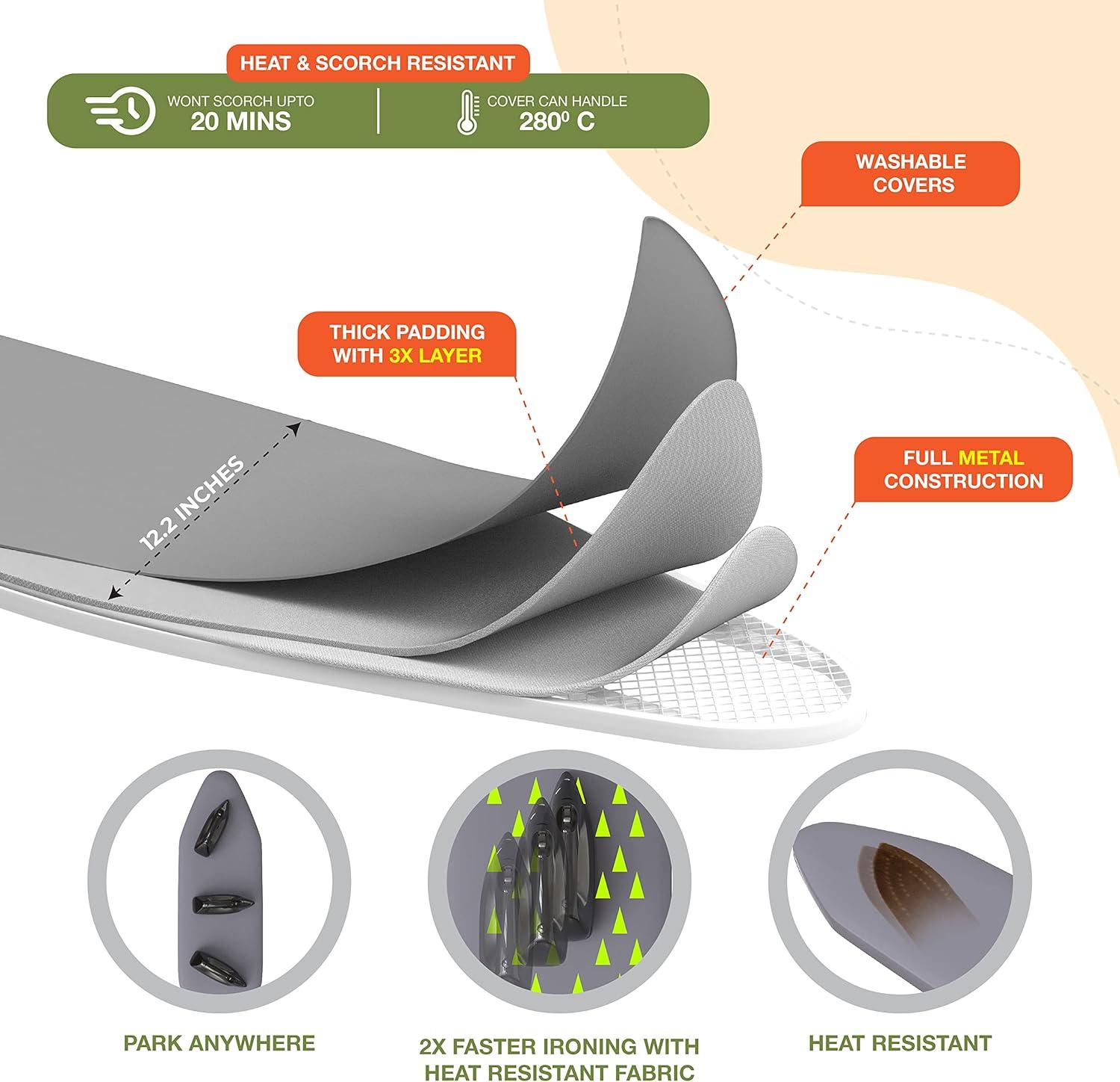 Xabitat Wall Mounted Ironing Board | 37" X 15" Compact Mount Fold Down Ironing Board for Small Spaces | Space Saving with Cotton Fabric Cover | White and Grey