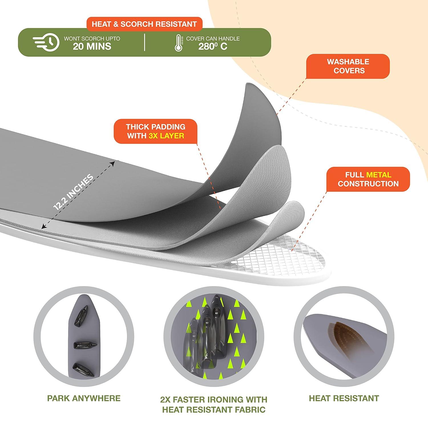 Xabitat Wall Mounted Ironing Board | 37" X 15" Compact Mount Fold Down Ironing Board for Small Spaces | Space Saving with Cotton Fabric Cover | White and Grey