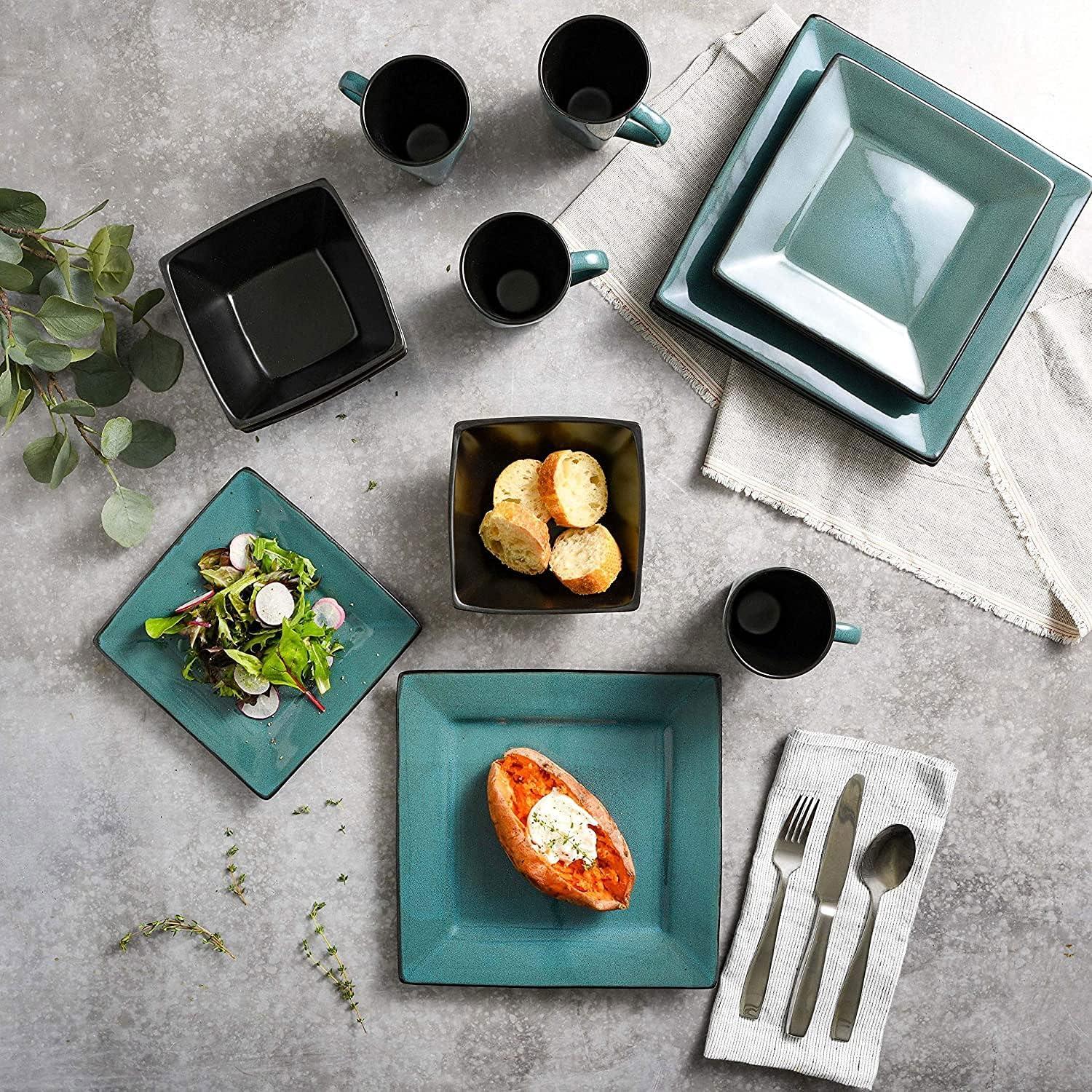 Blue Ceramic Square Dinnerware Set, Service for 4