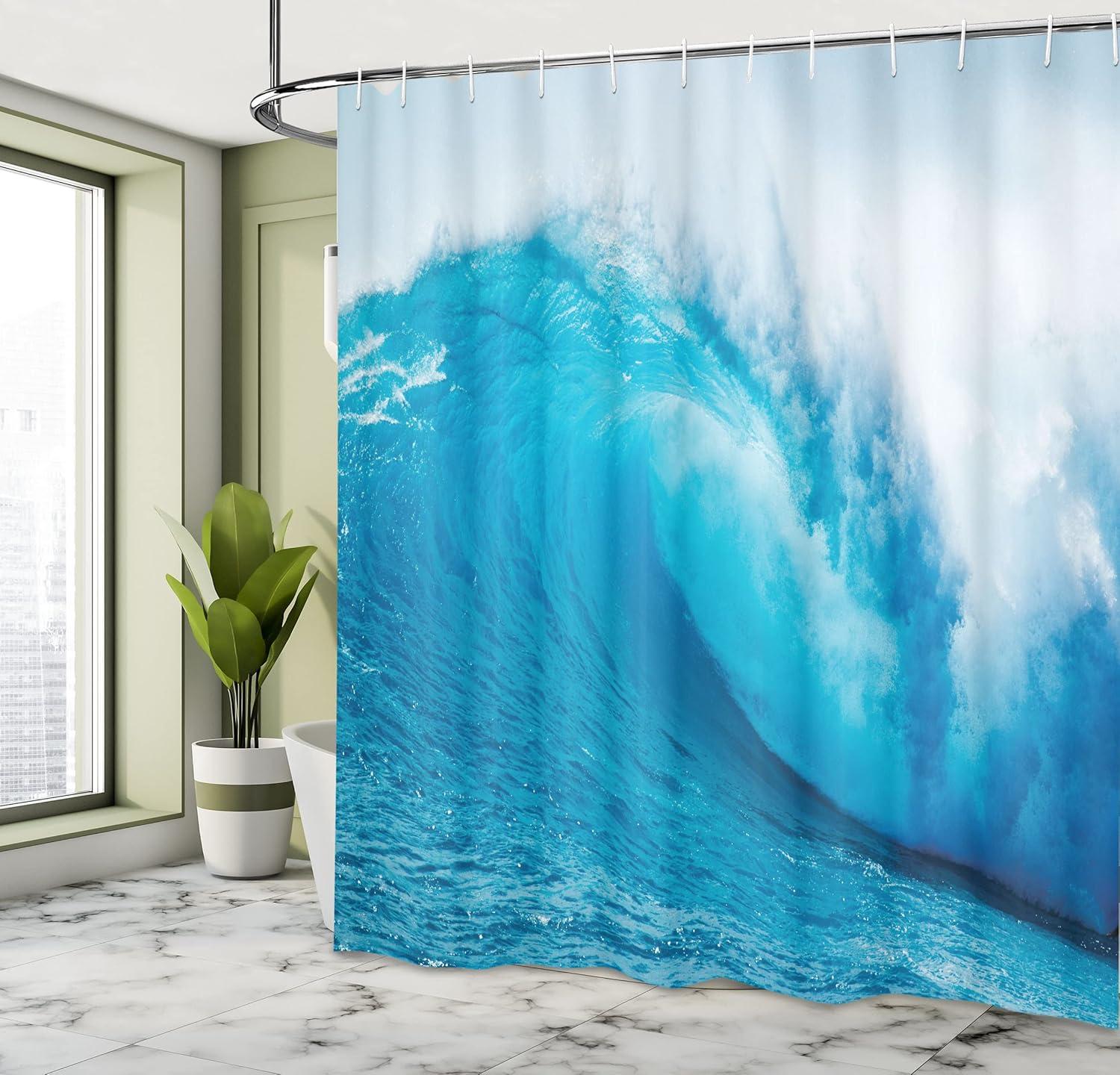 Aqua Blue Ocean Wave Fabric Shower Curtain Set