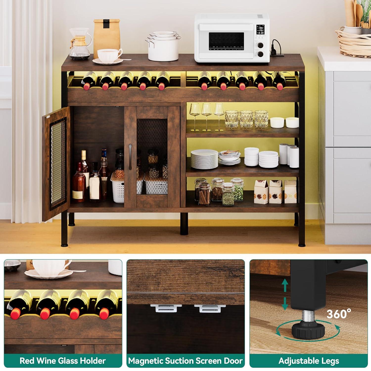 YITAHOME Wine Bar Cabinet with Power Outlets and LED Lights, Industrial Coffee Bar Cabinets for Liquor and Glasses Home Bar Kitchen Buffet Cabinet for Home Living Dining Room 47"