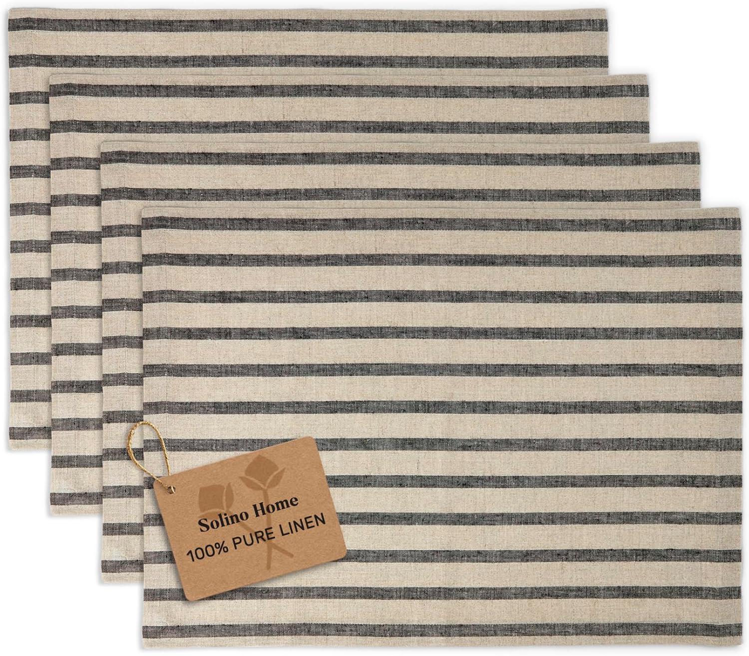 Solino Home French Stripe - 100% Pure Linen Placemats (Set of 4)