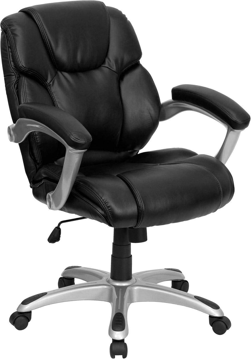 Flash Furniture Heather Mid-Back Black LeatherSoft Layered Upholstered Executive Swivel Ergonomic Office Chair with Silver Nylon Base and Arms