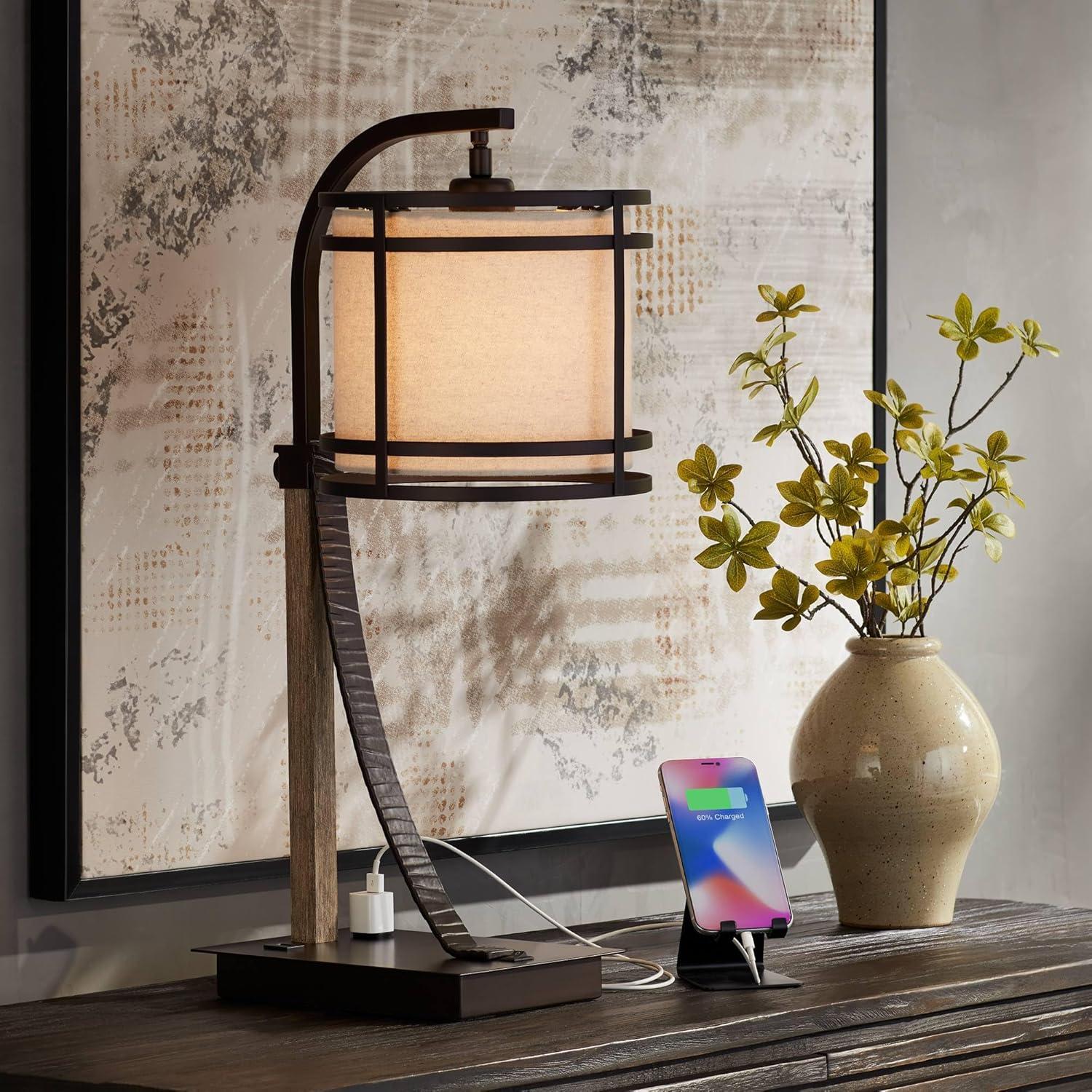Franklin Iron Works Gentry Industrial Desk Lamp 22" High Oil Rubbed Bronze Faux Wood Cage with USB and AC Power Outlet in Base Oatmeal Shade for Desk