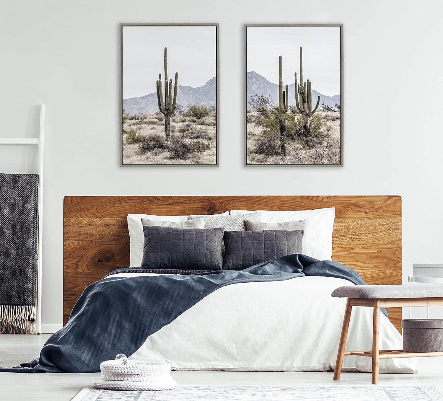 Kate and Laurel Sylvie Tall Saguaro Cacti Desert Mountain 1 and 2 Framed Canvas by The Creative Bunch Studio, 2 Piece 23x33, Gray