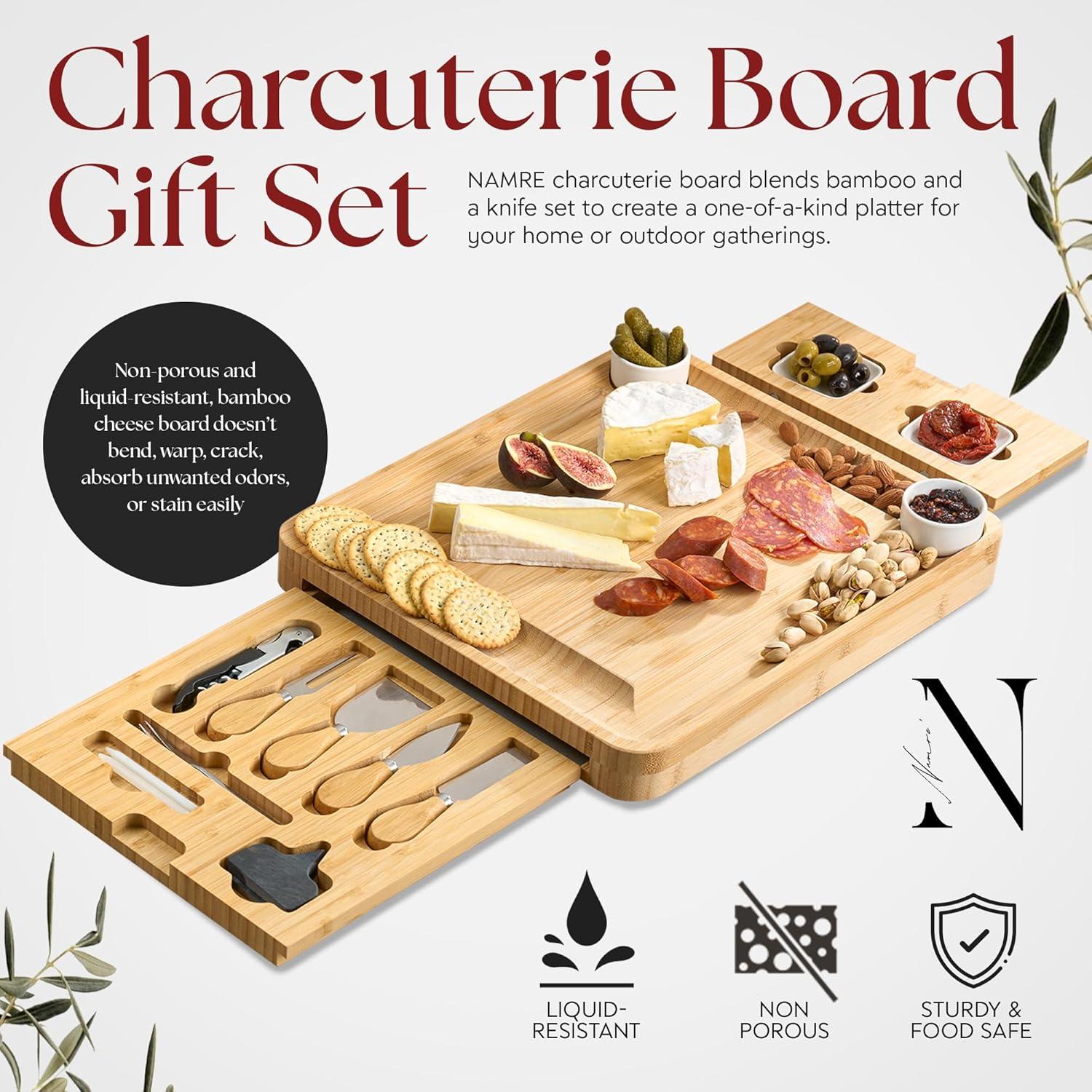 LAH Kitchen Bamboo Charcuterie Board with Drawers and Accessories, Large