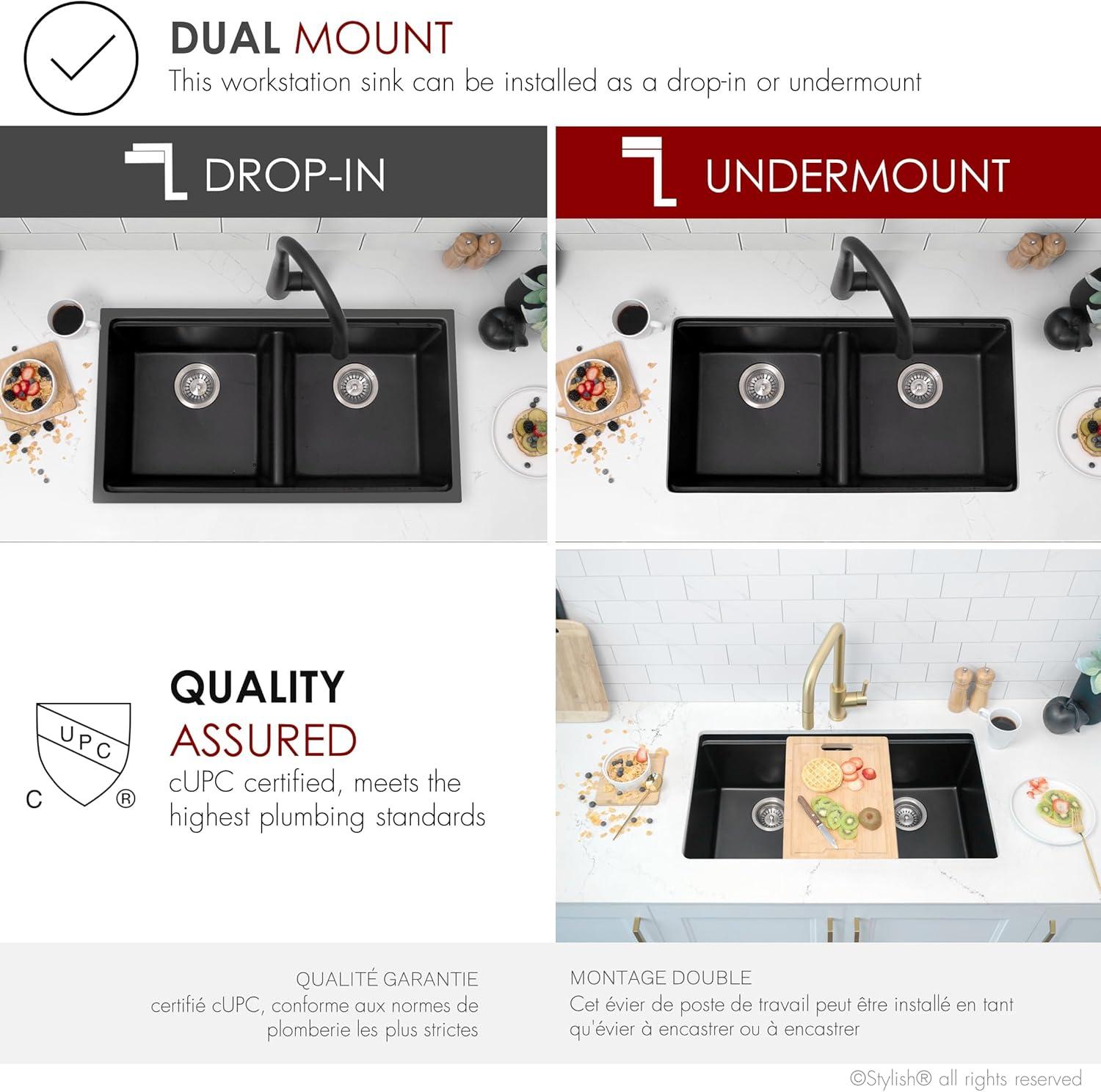 Stylish Pietra Dual-Mount 33" Composite Granite Double Bowl Kitchen Sink