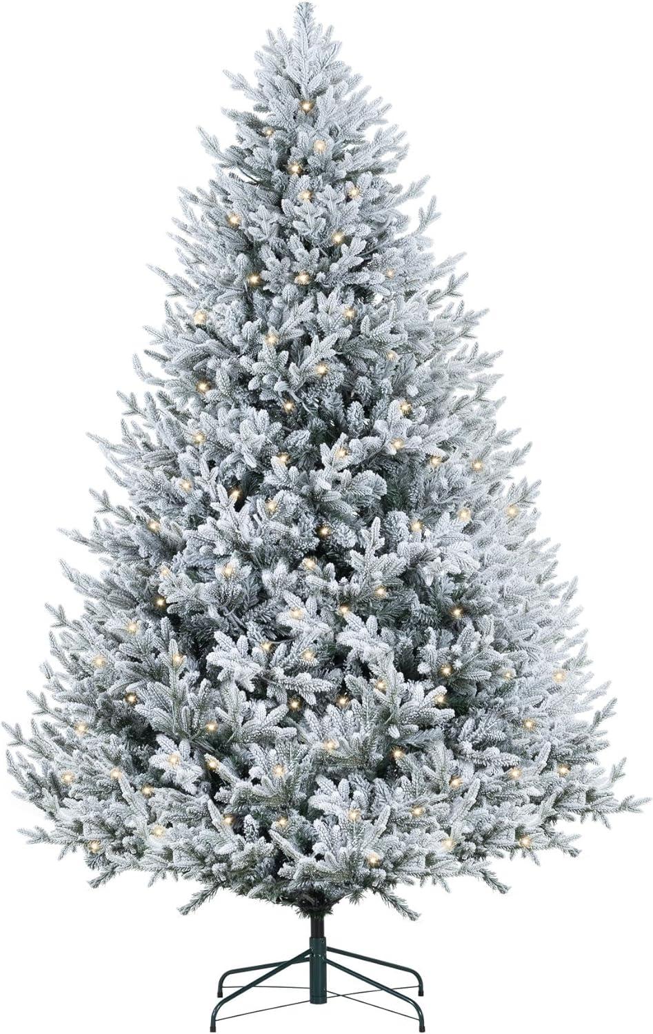 Naomi Home 6.5ft Frosted Christmas Tree with Lights, Realistic Snow Flocked Christmas Tree Prelit with 2456 Branch Tips, 450 Warm Lights and Metal Stand, Aritificial Christmas Tree