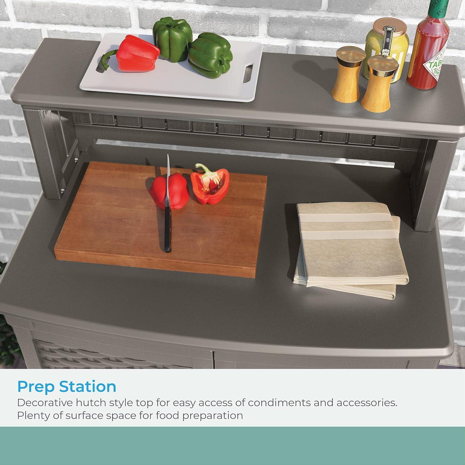 Suncast Patio Plastic Storage and Prep Station with Wicker Pattern, Stoney Gray
