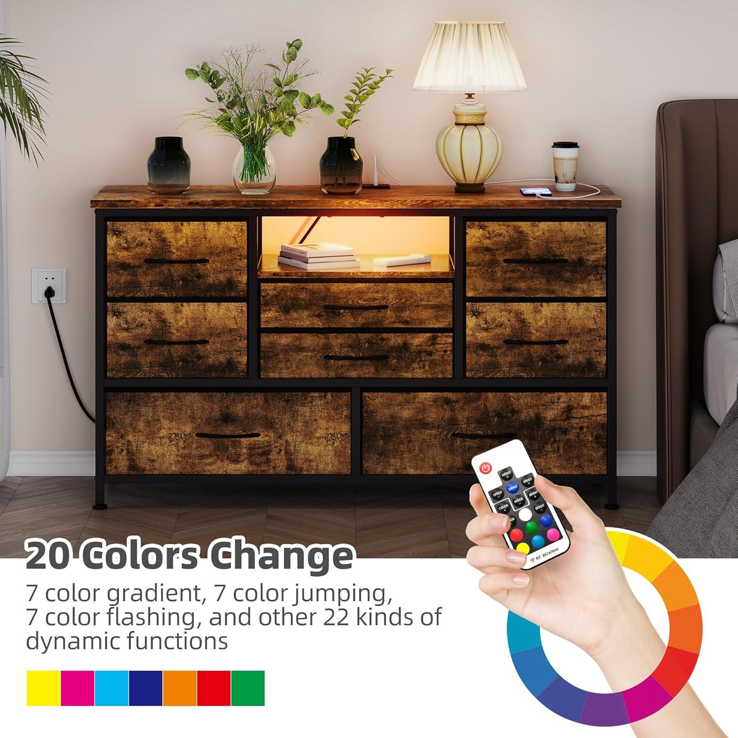 INDSUMOT 8 Dresser TV Stand with Power Outlet & LED for 55'' TV, Long Dresser for Bedroom with 8 Deep Drawers, Wide Console Table for Storage in Closet, Living Room, Entryway, Wood Top(Rustic Brown)