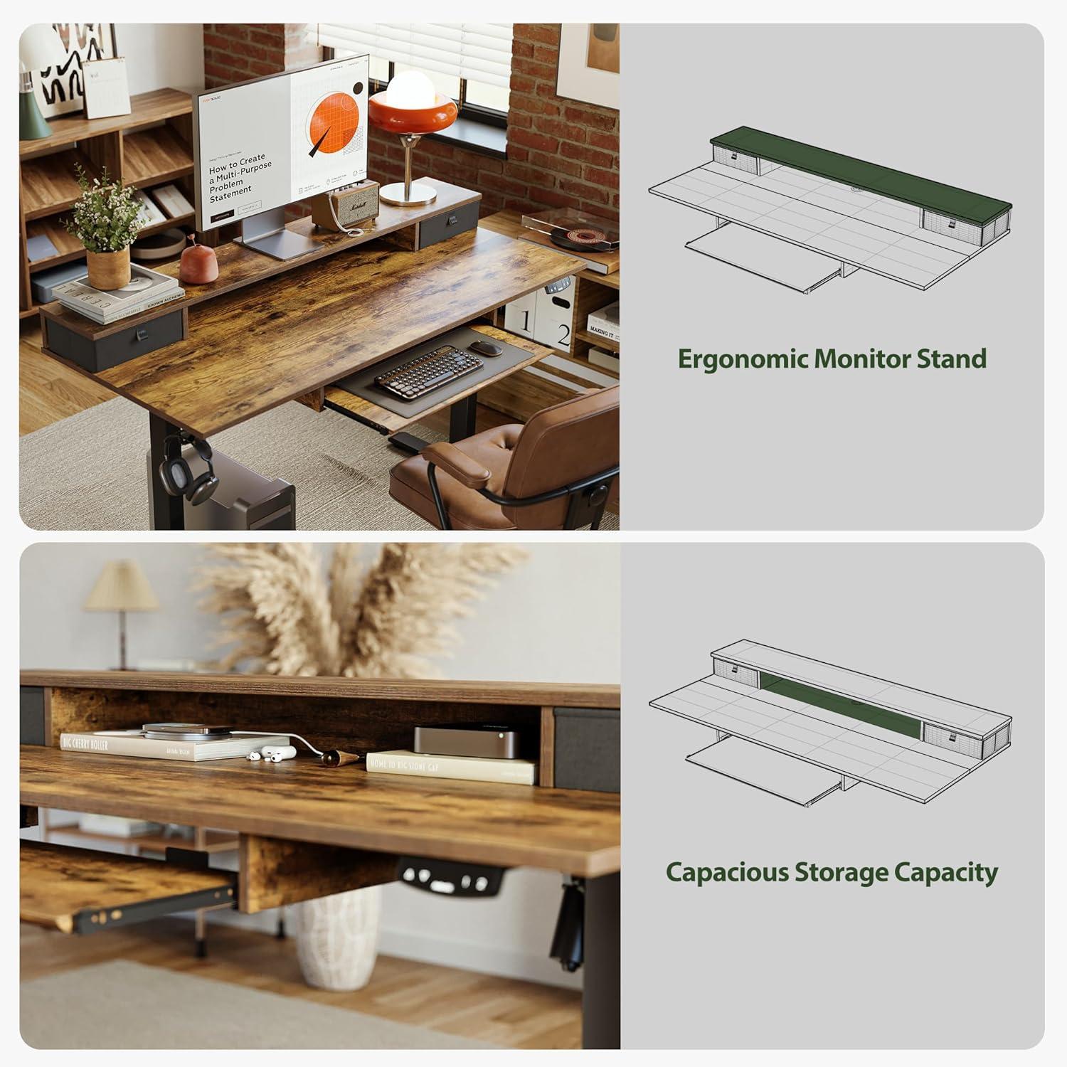 Agilestic Adjustable Height Electric Standing Desk with Storage Wooden Drawer, 55 x 24 Inches Stand Up Home Office Computer Gaming Table for Work Office Home, Rustic Brown