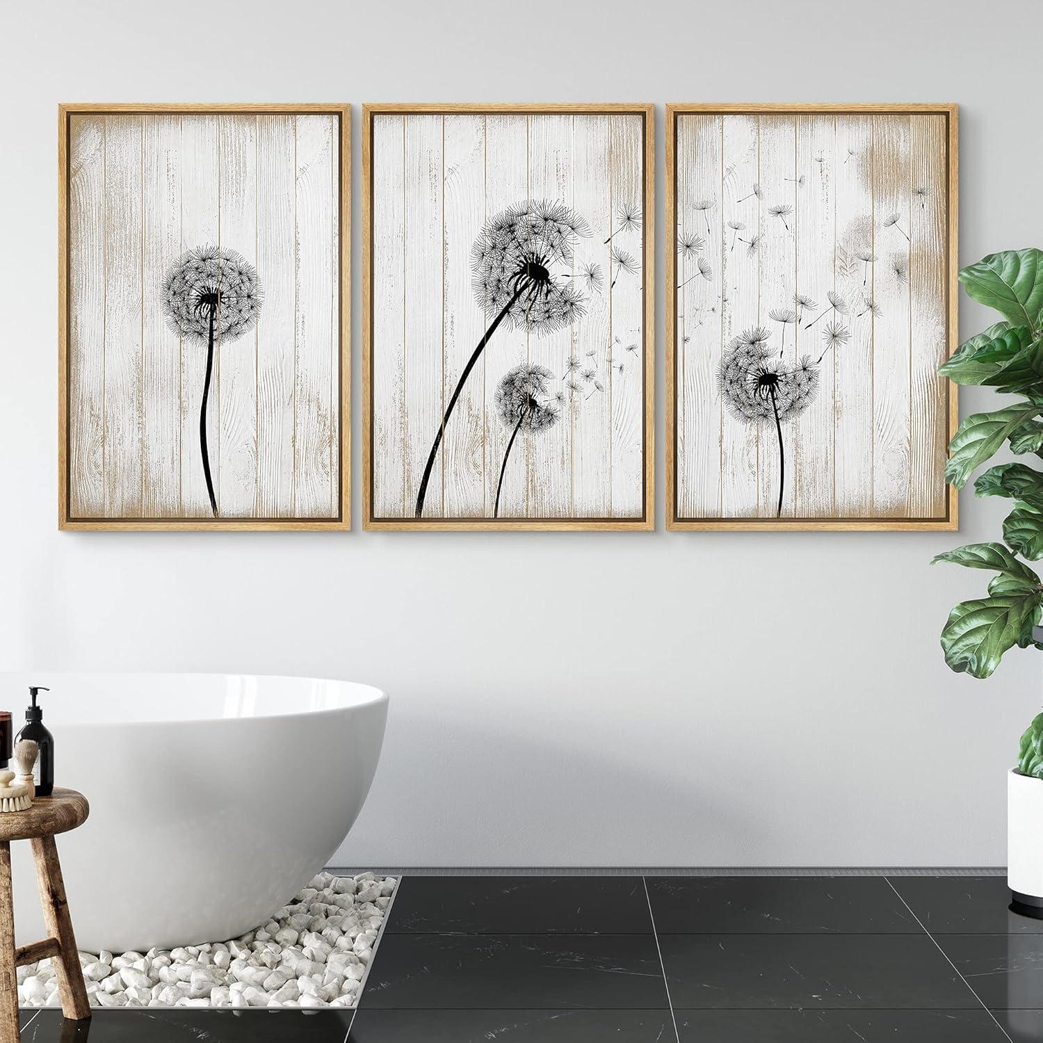 Flying Dandelion On Wood Effect Background Retro Framed On Canvas 3 Pieces Print Wall Art